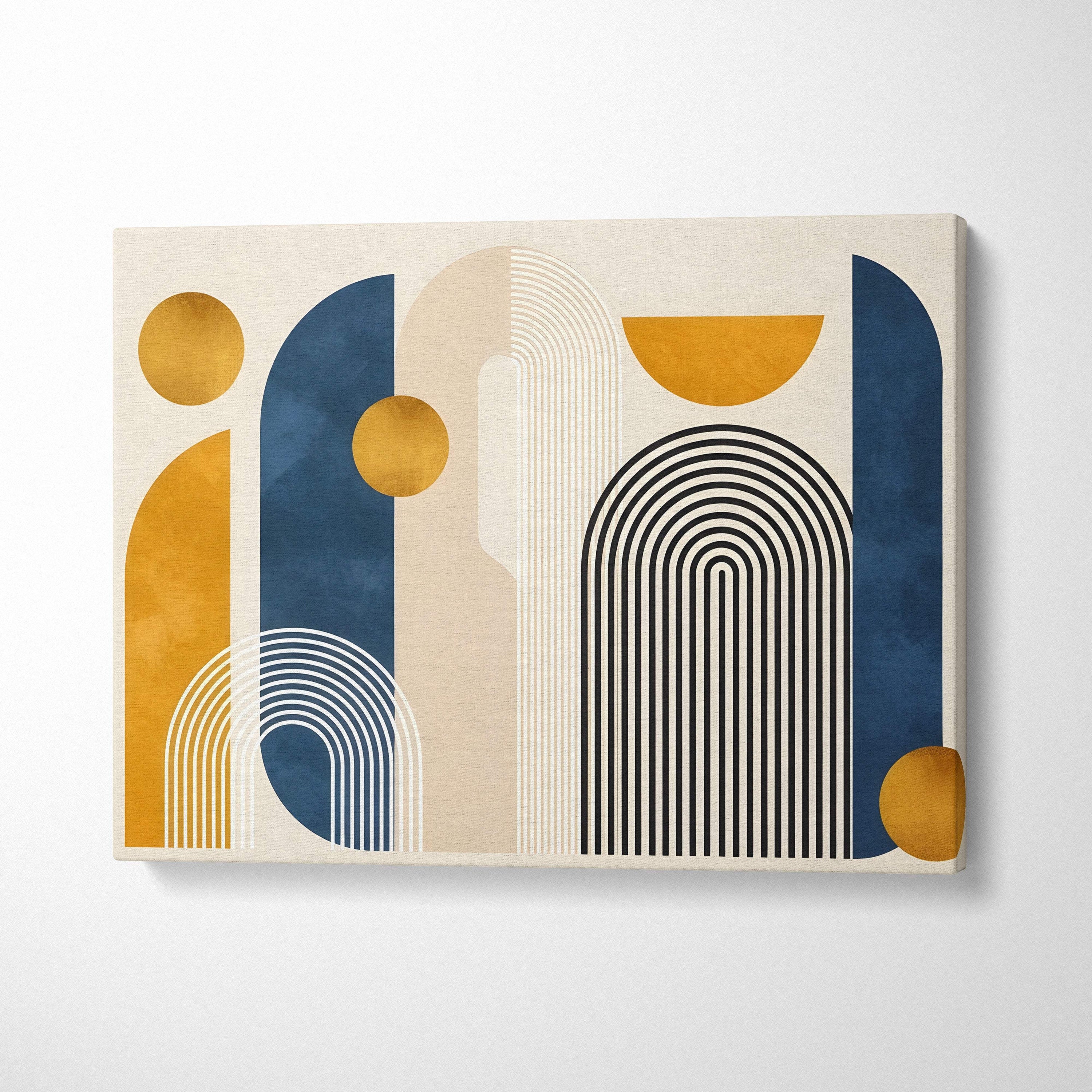 Boho geometric canvas wall art with bold navy blue mustard gold and neutral beige arch shapes and black linear patterns
