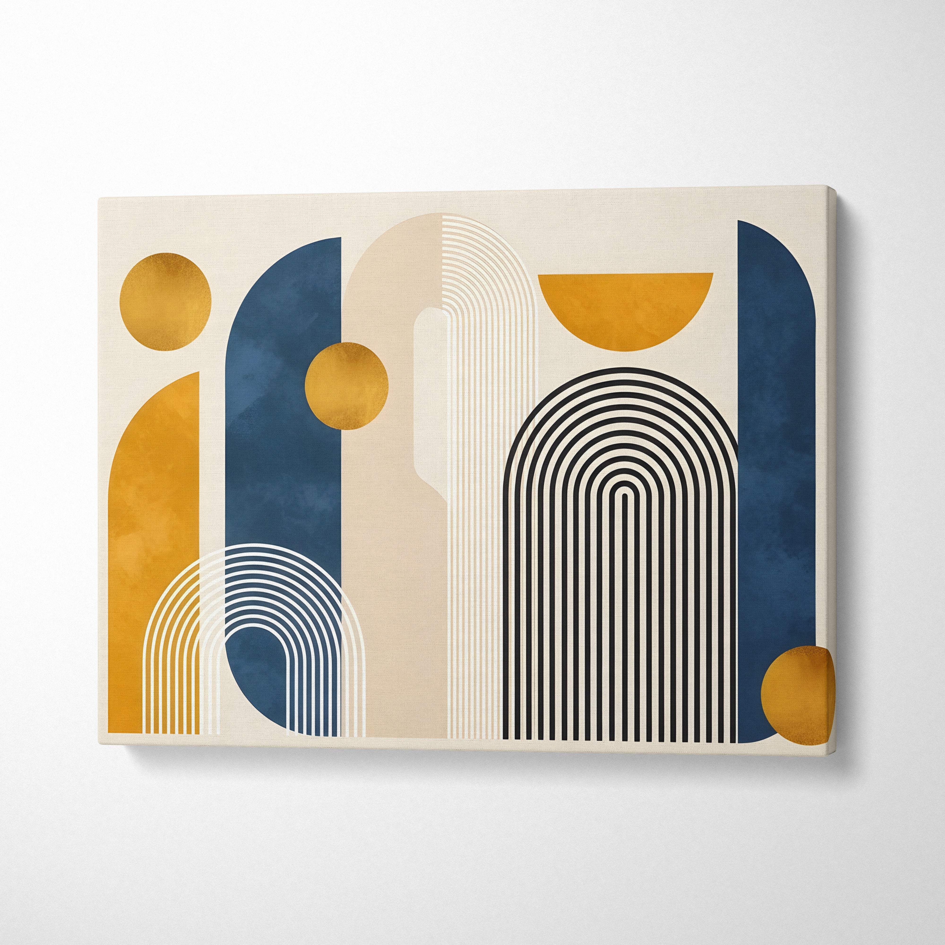 Boho geometric canvas wall art with bold navy blue mustard gold and neutral beige arch shapes and black linear patterns
