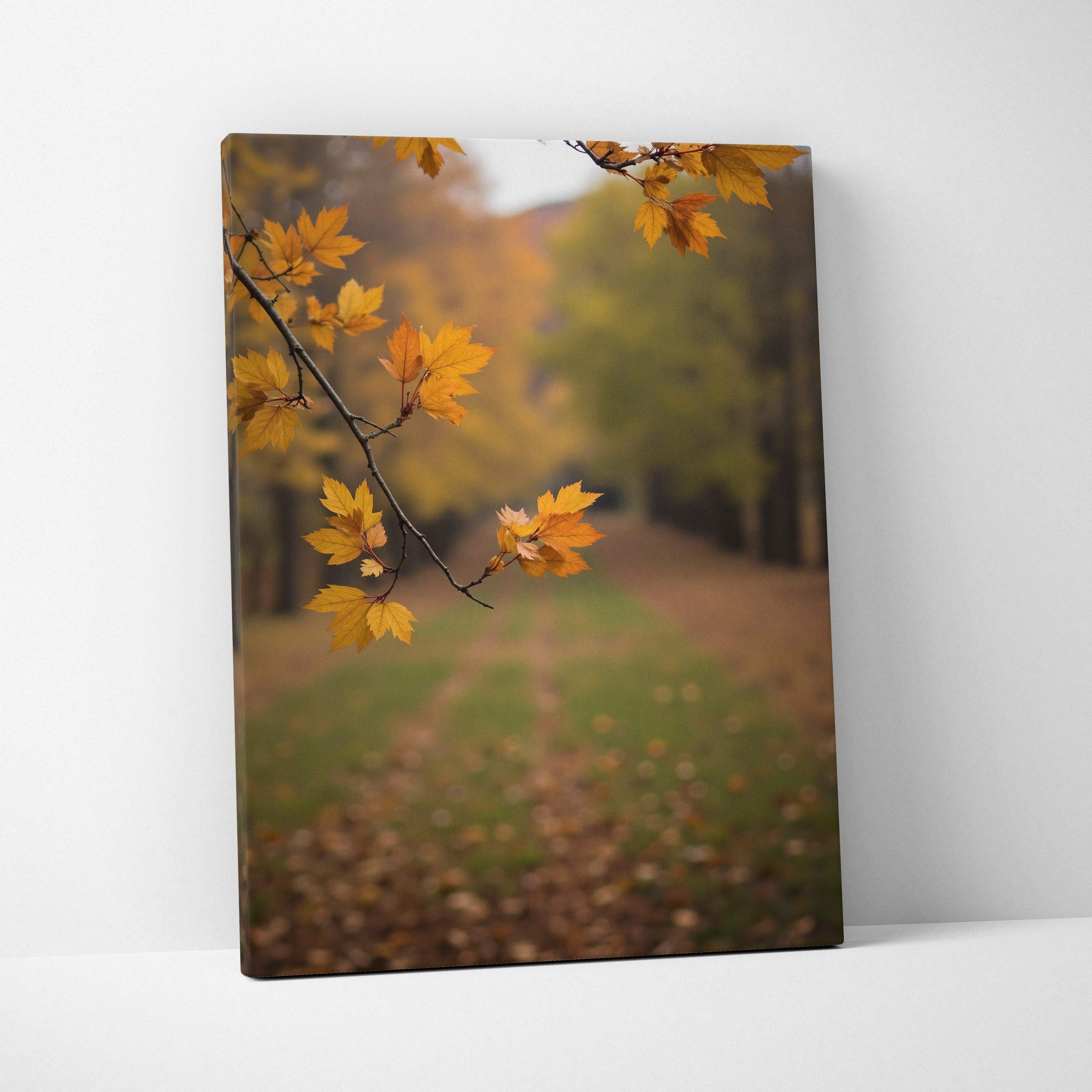Autumn forest scene with golden leaves on canvas wall art print in soft focus background.