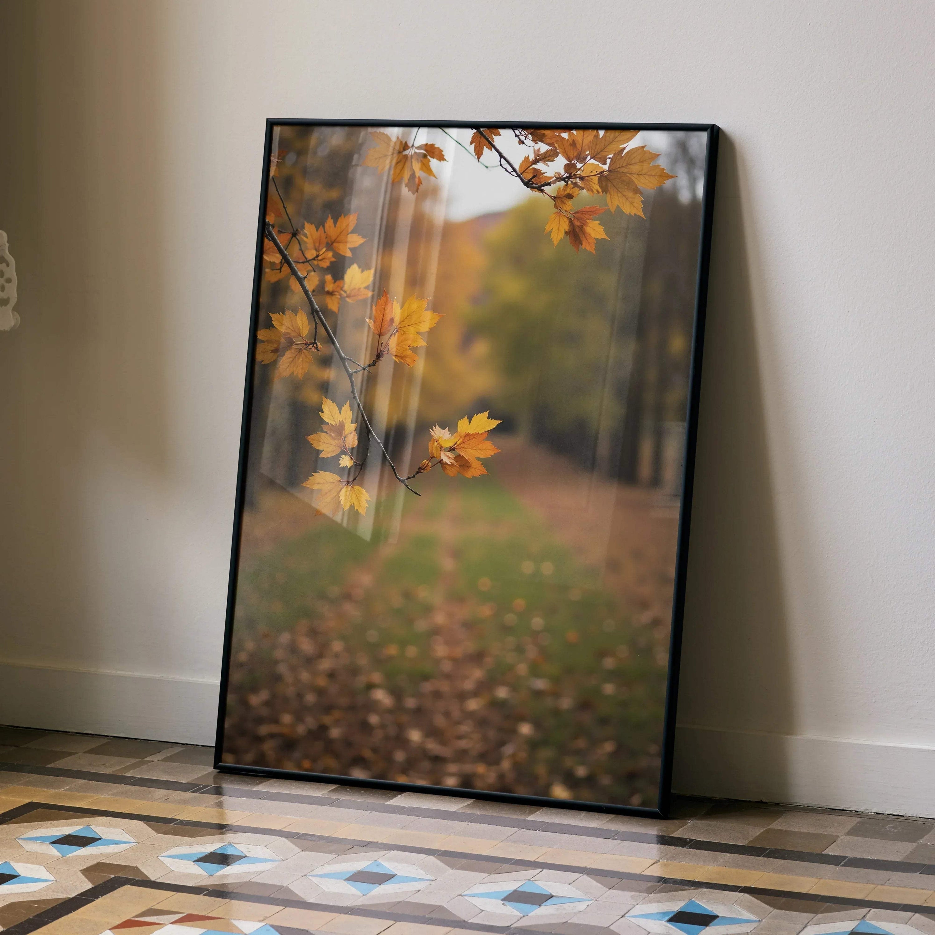Vertical autumn nature digital art poster with orange leaves and blurred forest background wall art.