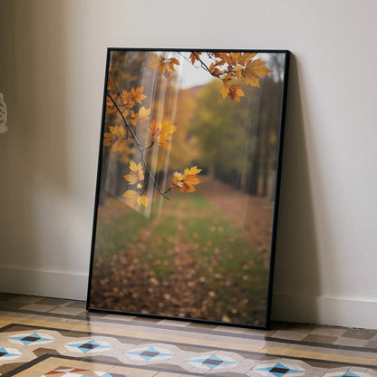 Vertical autumn nature digital art poster with orange leaves and blurred forest background wall art.