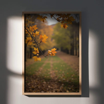 Vertical autumn nature digital art poster featuring vibrant orange leaves with blurred forest path background for wall art.
