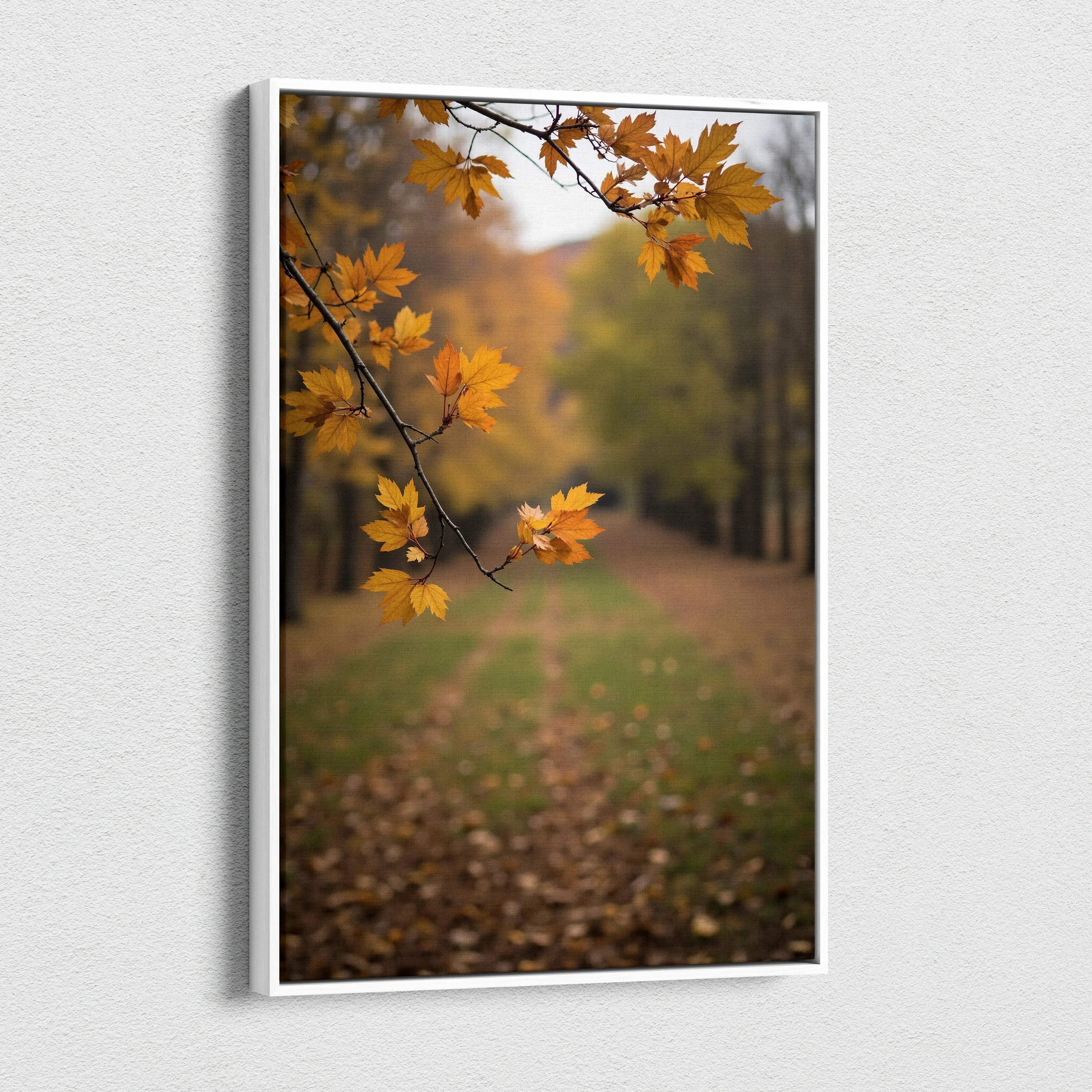 Vertical canvas wall art featuring autumn forest scene with orange leaves and blurred path background.