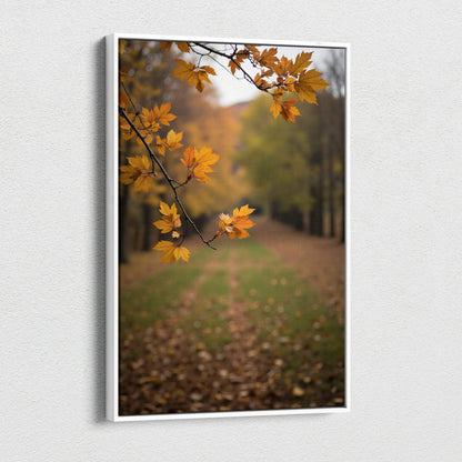 Vertical canvas wall art featuring autumn forest scene with orange leaves and blurred path background.