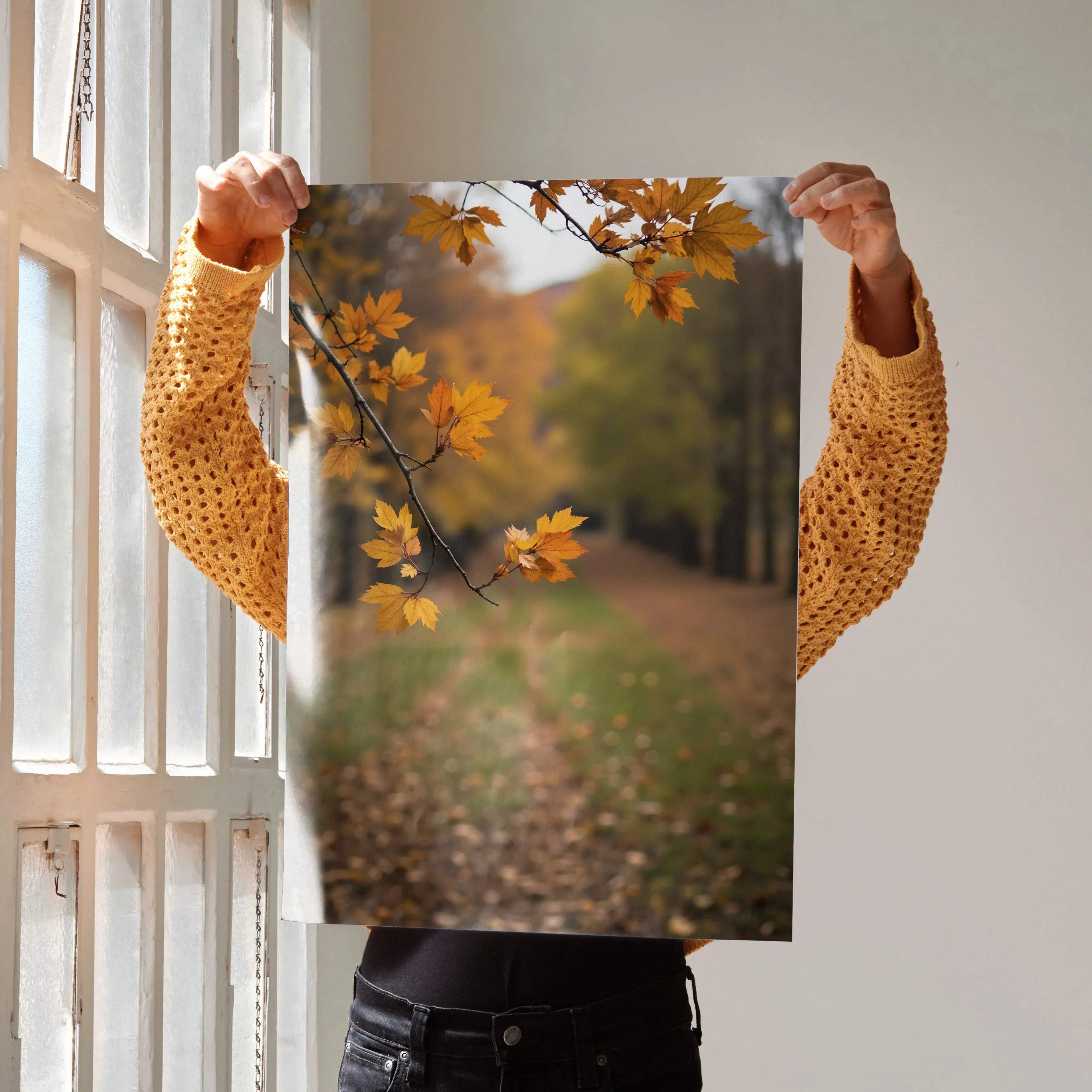 Vibrant autumn nature digital art poster print featuring a blurred golden leaf scene with soft earthy tones and greenery