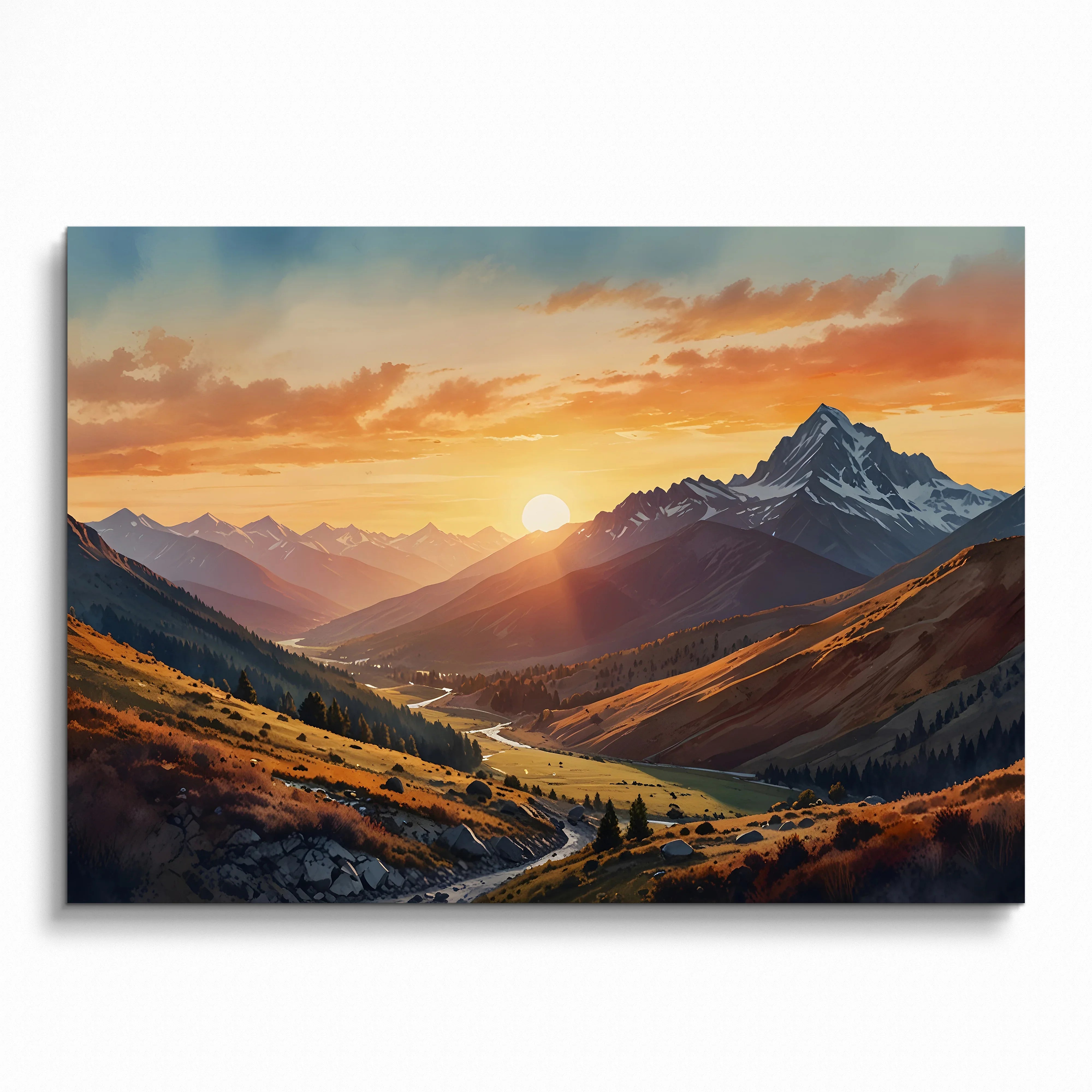 Vibrant watercolor sunset mountains poster with a glowing sun and winding river wall art.