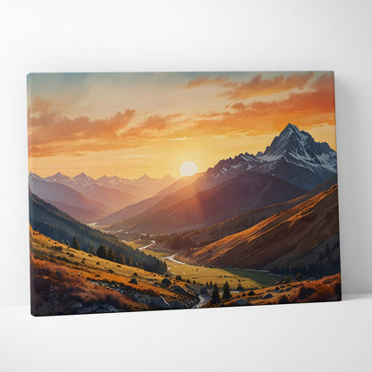 Canvas wall art featuring a vibrant sunset over majestic mountain peaks and a winding valley river.