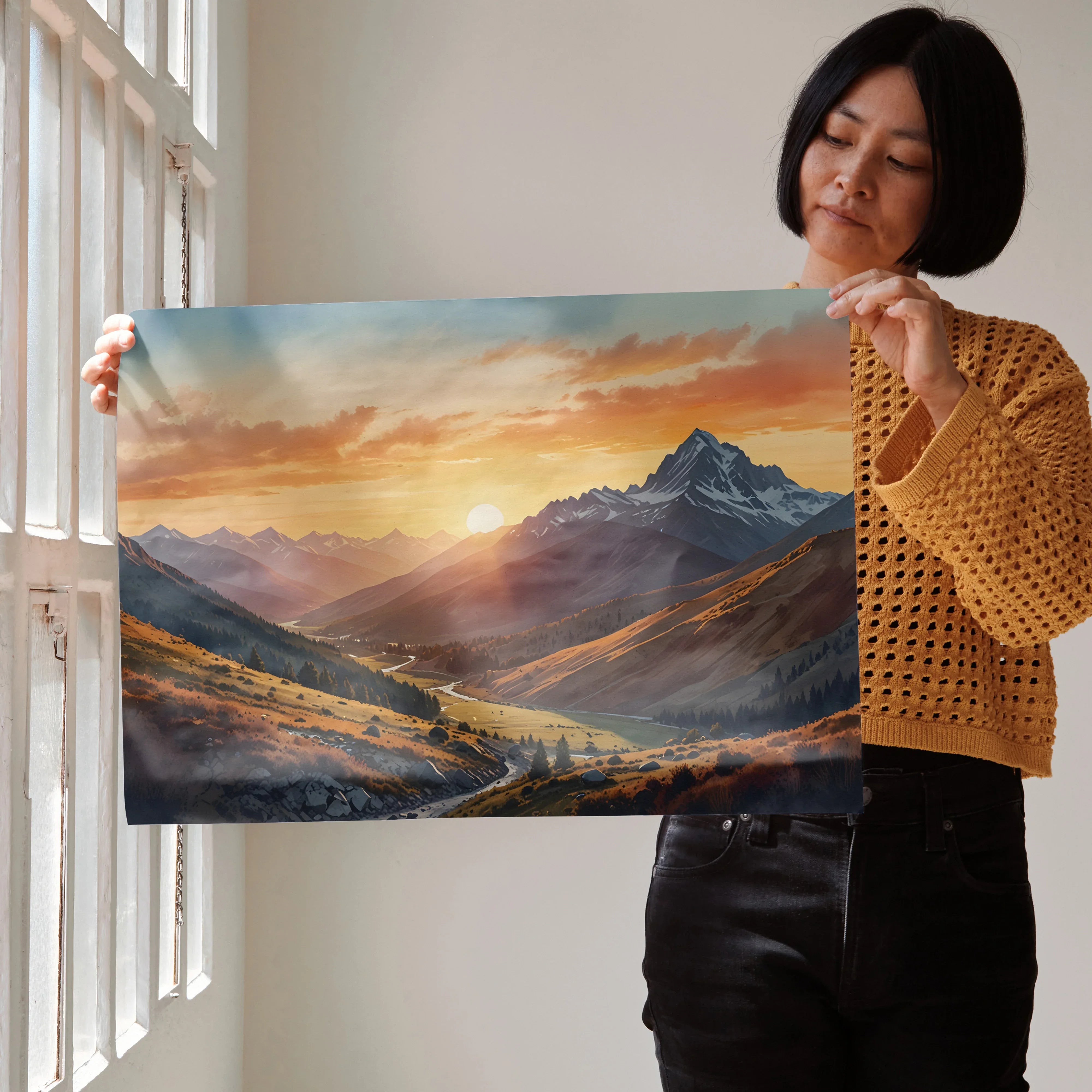 Vibrant watercolor sunset mountain landscape poster with warm orange and blue tones, wall art print.