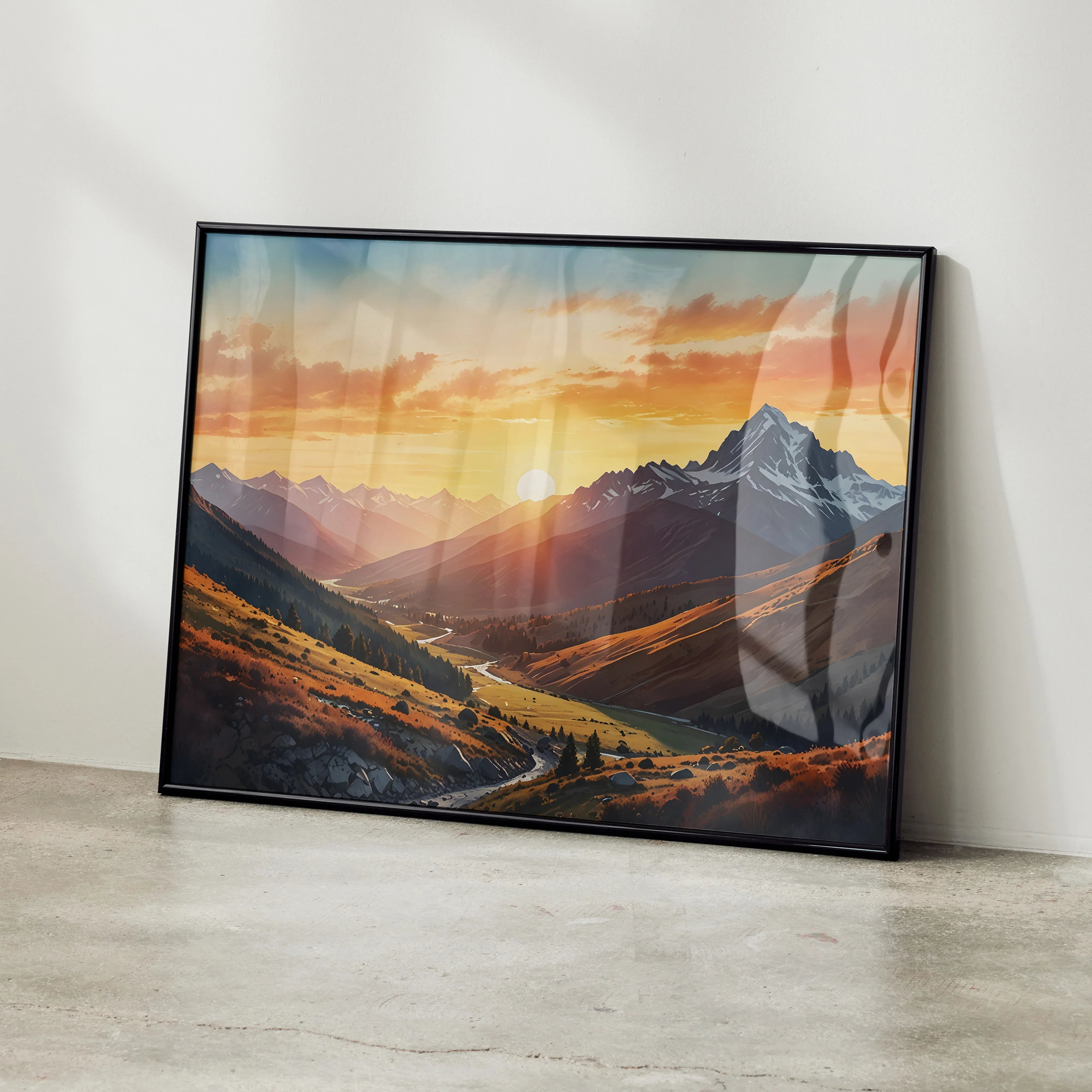 Vibrant watercolor sunset mountain scene poster with warm orange and purple hues framed wall art.