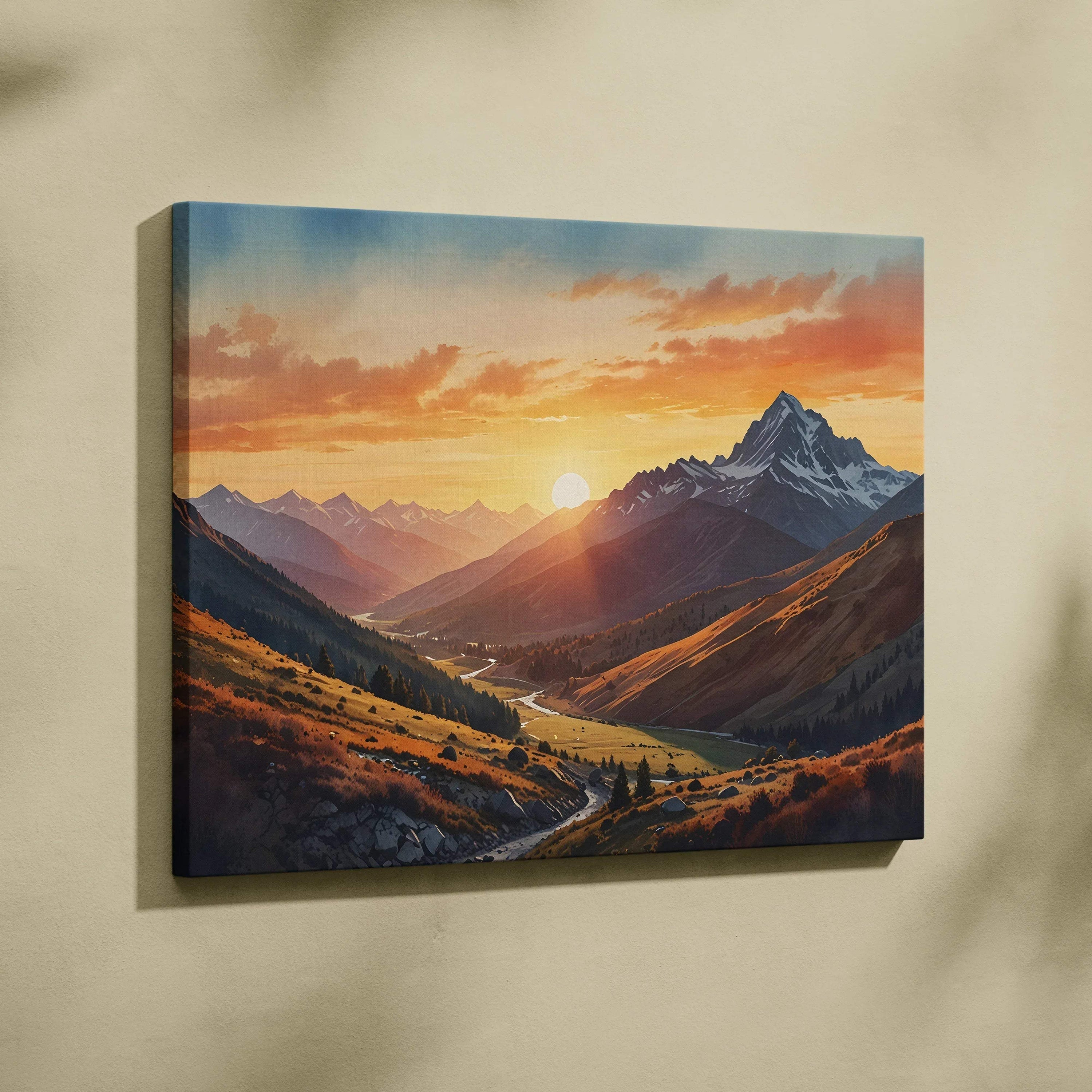 Canvas wall art featuring a vibrant sunset over rugged mountain peaks and a winding valley river.