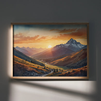 Watercolor poster of vibrant sunset over rugged mountains with winding river, warm tones wall art.