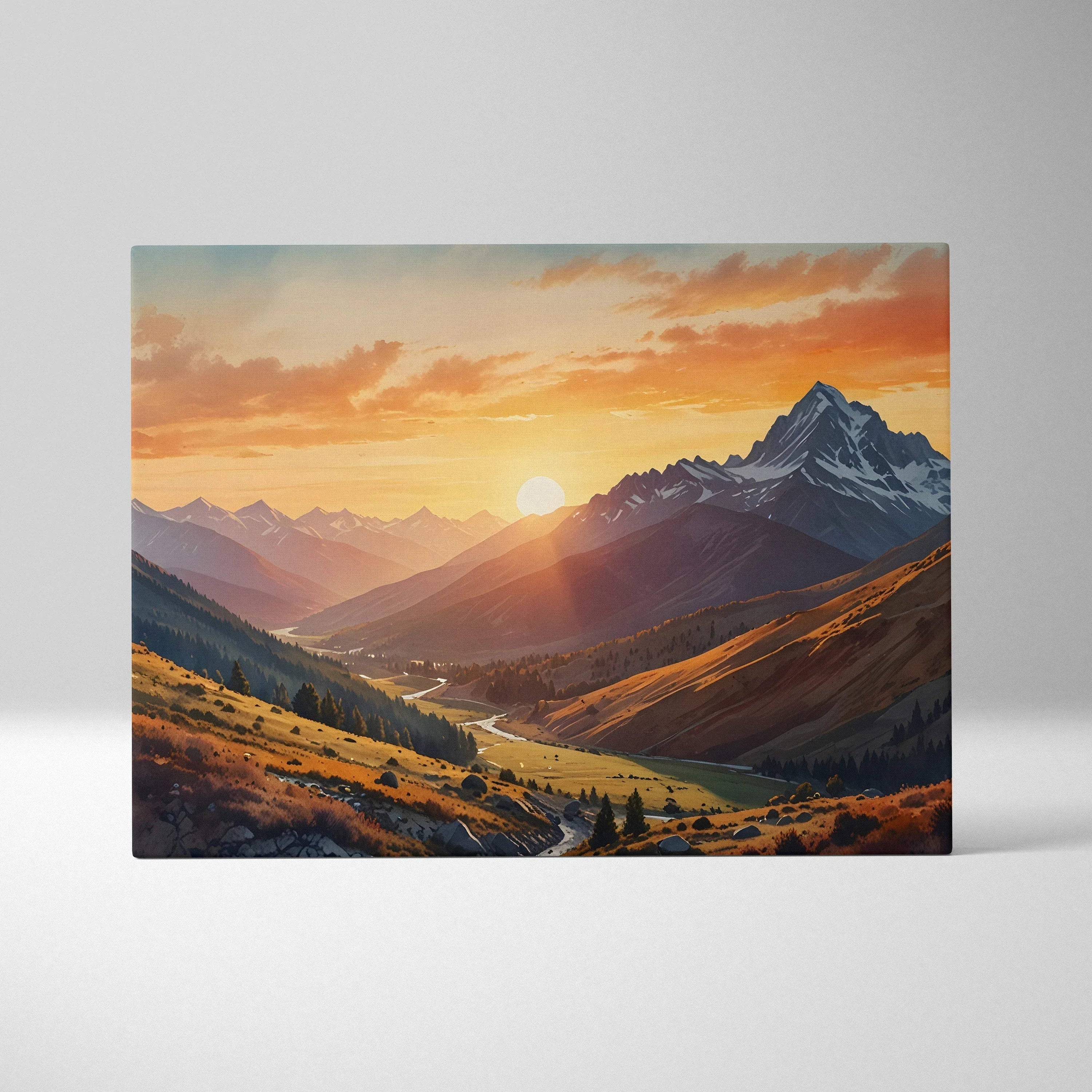 Sunset over mountain peaks with warm orange and yellow sky on canvas wall art.