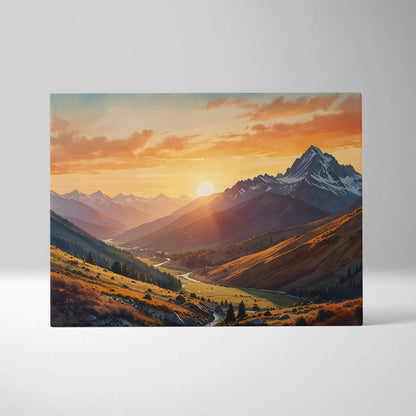 Sunset over mountain peaks with warm orange and yellow sky on canvas wall art.