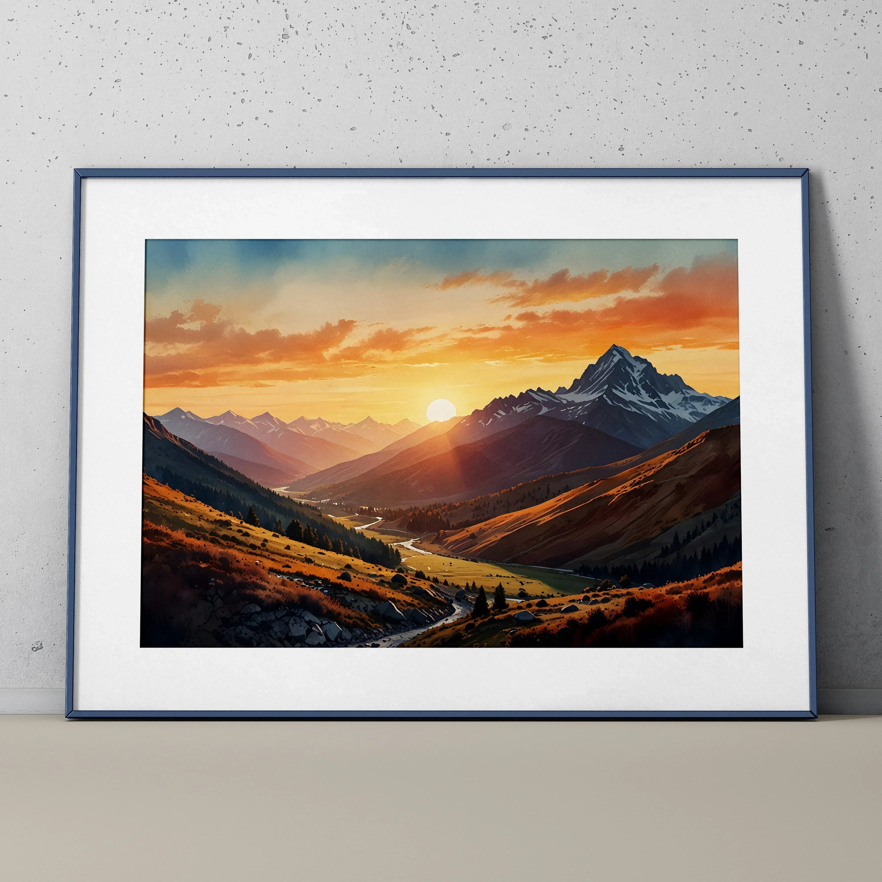 Vibrant watercolor sunset mountains poster with rich orange and blue hues wall art in black frame.