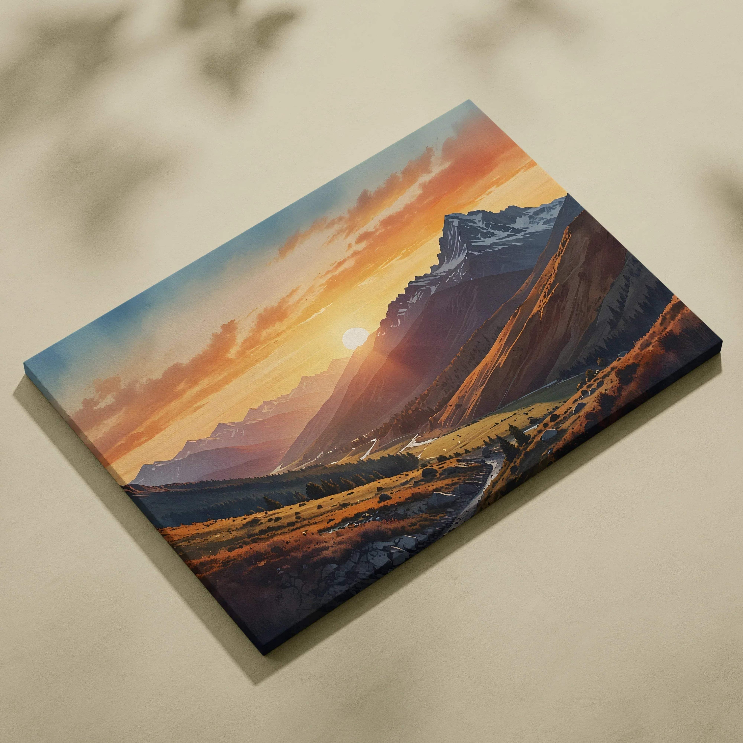 Canvas wall art featuring vibrant sunset over rugged mountain landscape with warm orange and purple hues.