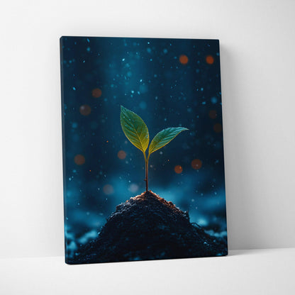 Canvas wall art featuring a glowing young green plant sprouting from soil on a dark blue background.