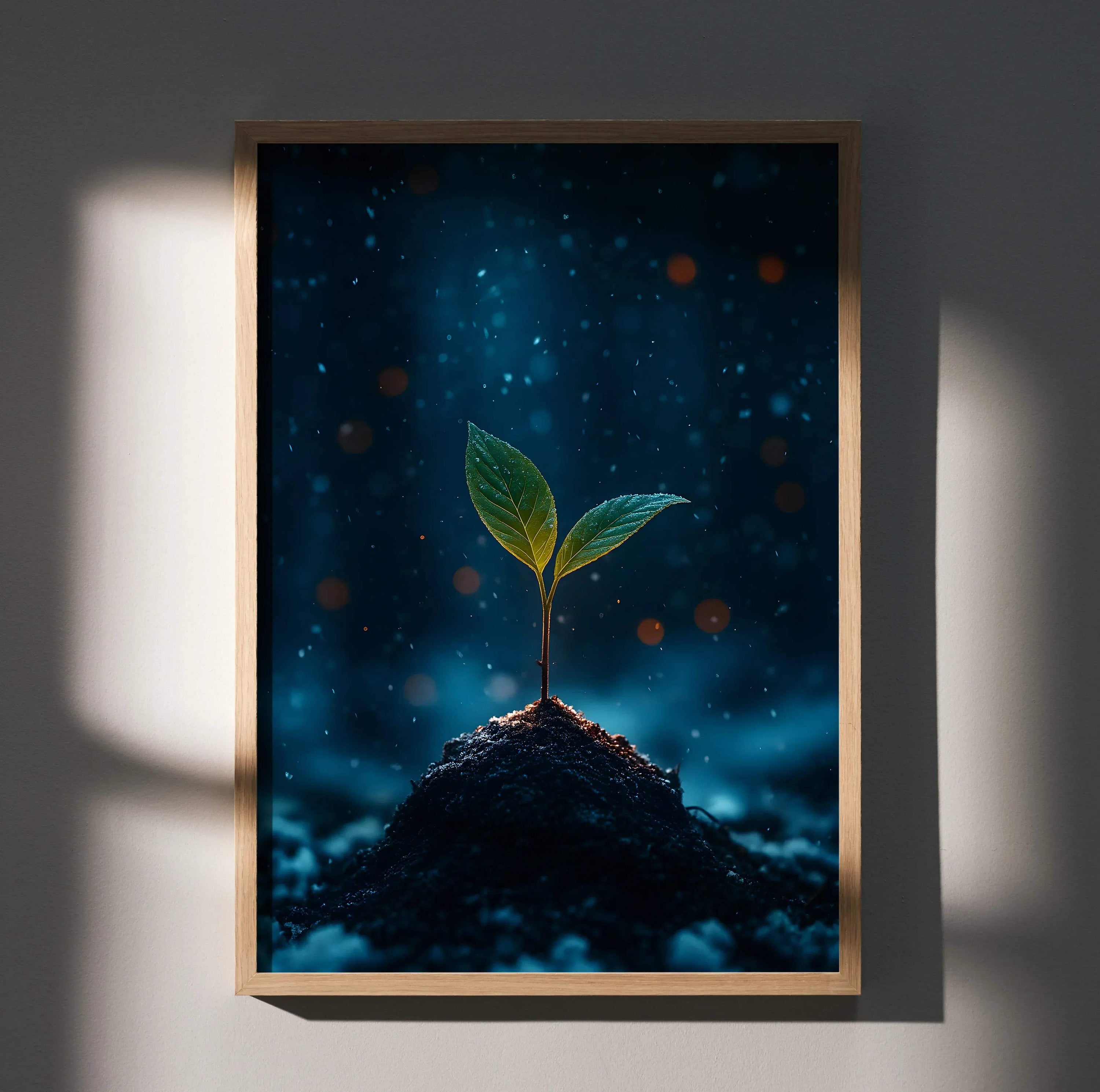 Vertical nature digital art poster of a small plant sprouting from soil with glowing blue background wall art.