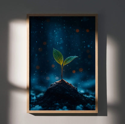 Vertical nature digital art poster of a small plant sprouting from soil with glowing blue background wall art.