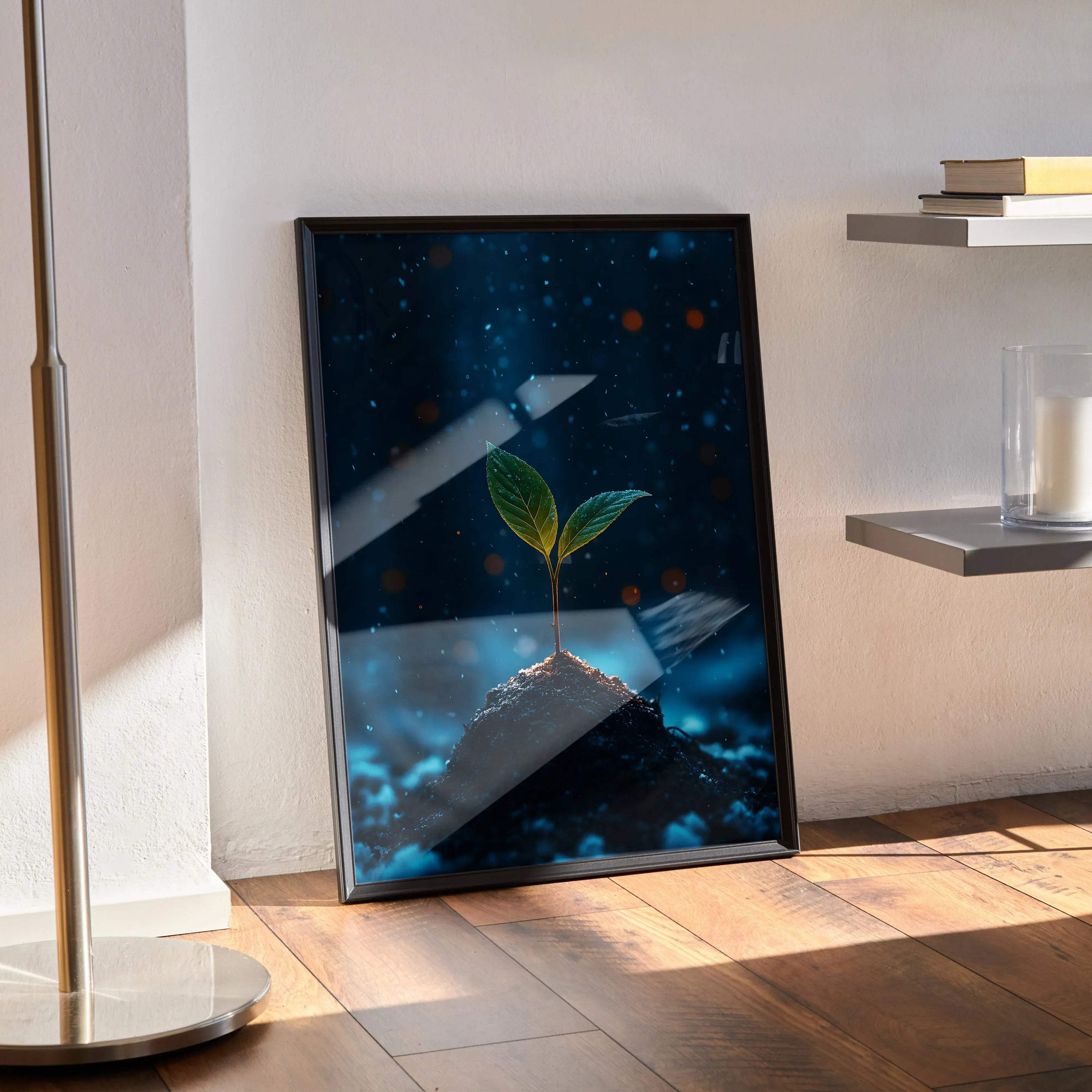 Vertical poster wall art featuring a small plant sprouting on a rock under a starry night sky.