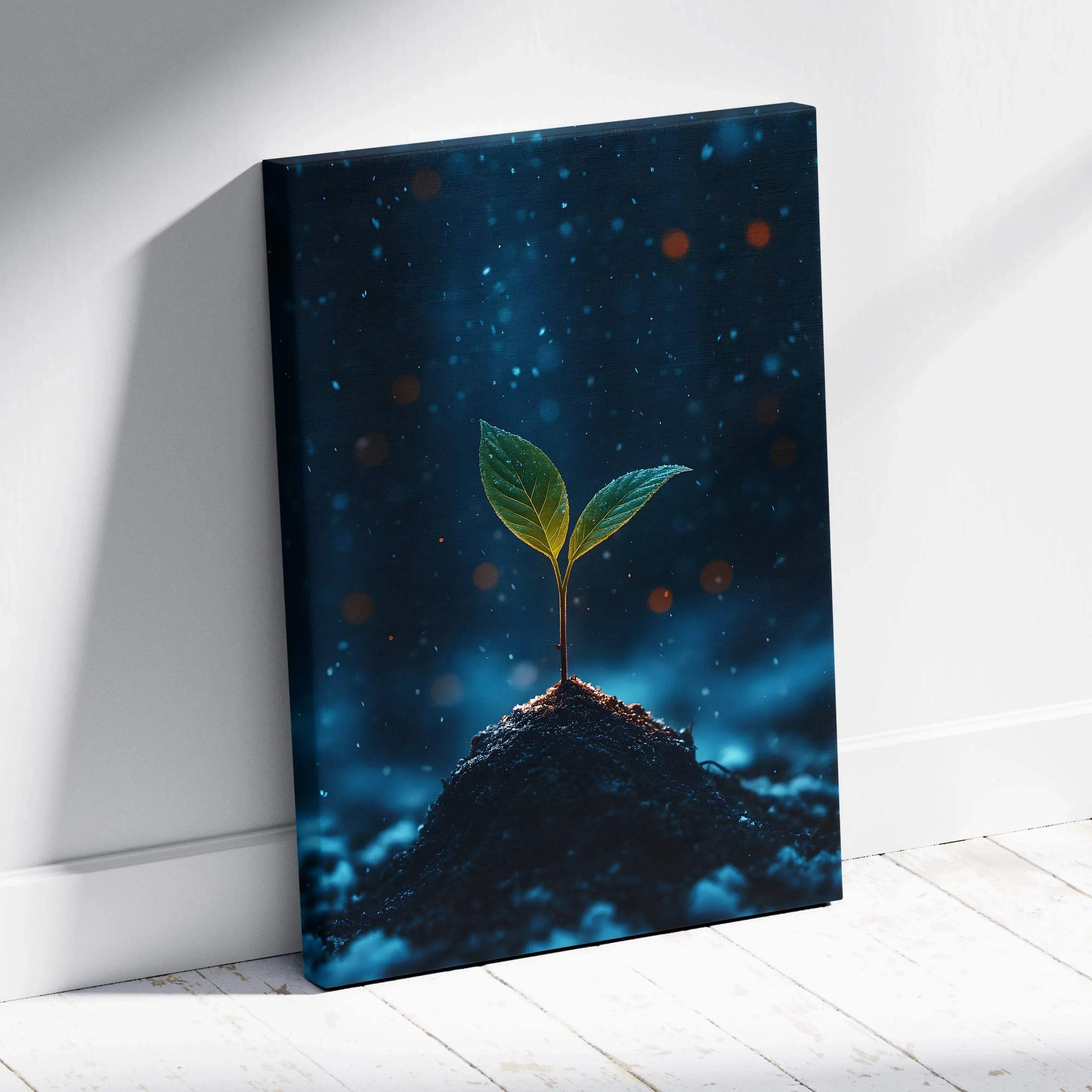 Canvas wall art featuring a small green sprout growing from dark soil against a starry blue background.