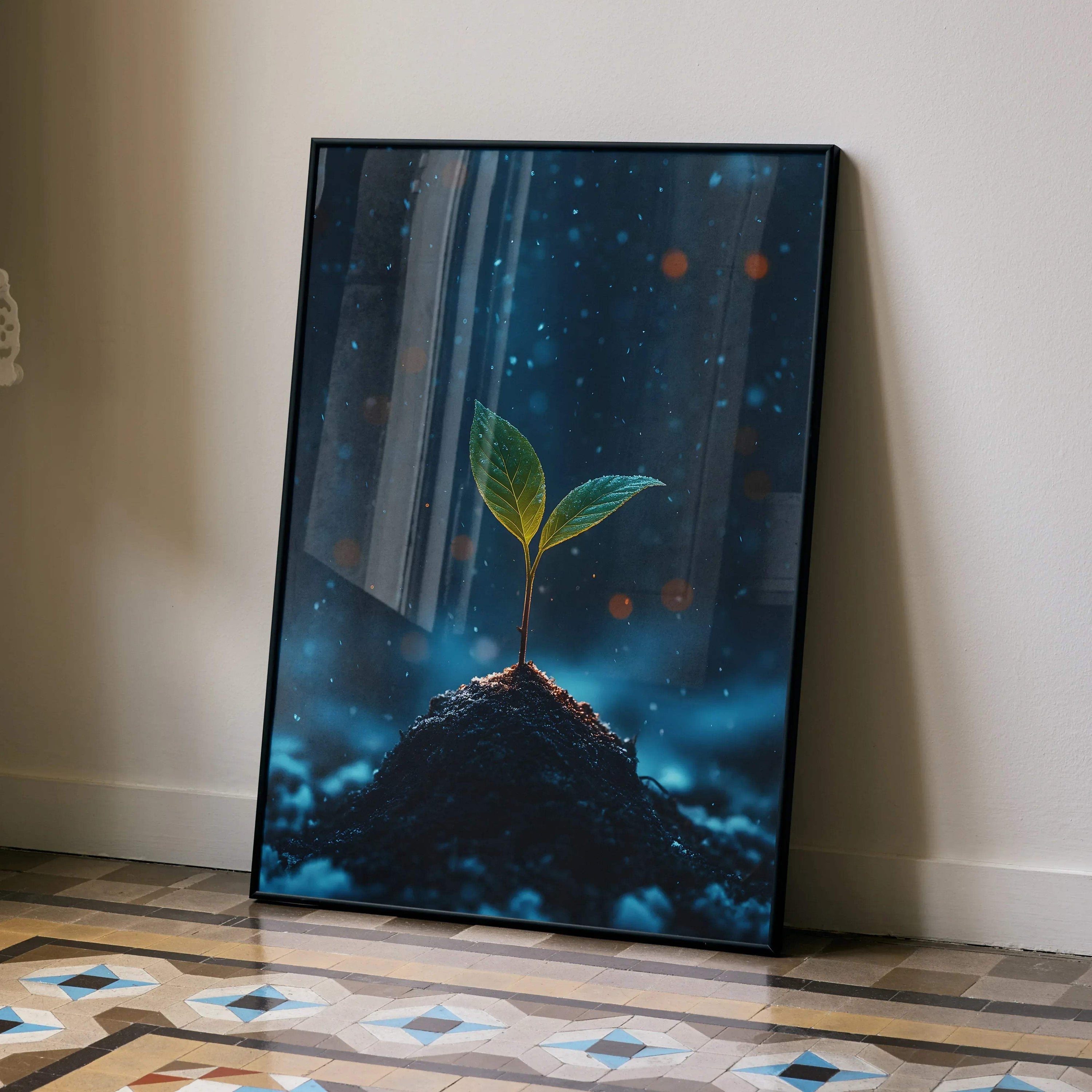 Vertical nature digital art poster featuring a glowing plant sprout on dark soil, modern wall art.