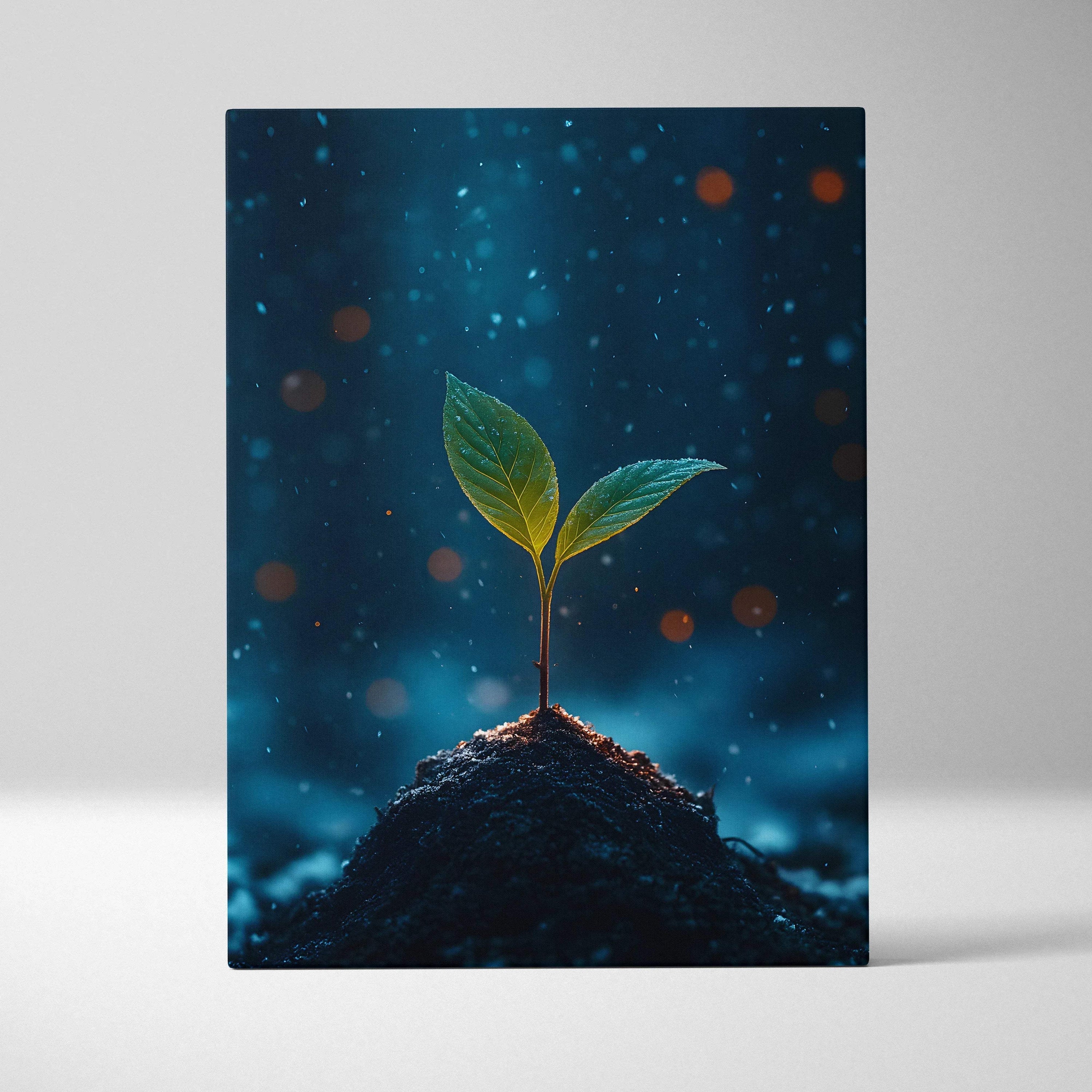 Canvas wall art featuring a small green plant sprout growing from dark soil on a deep blue background with light orbs.