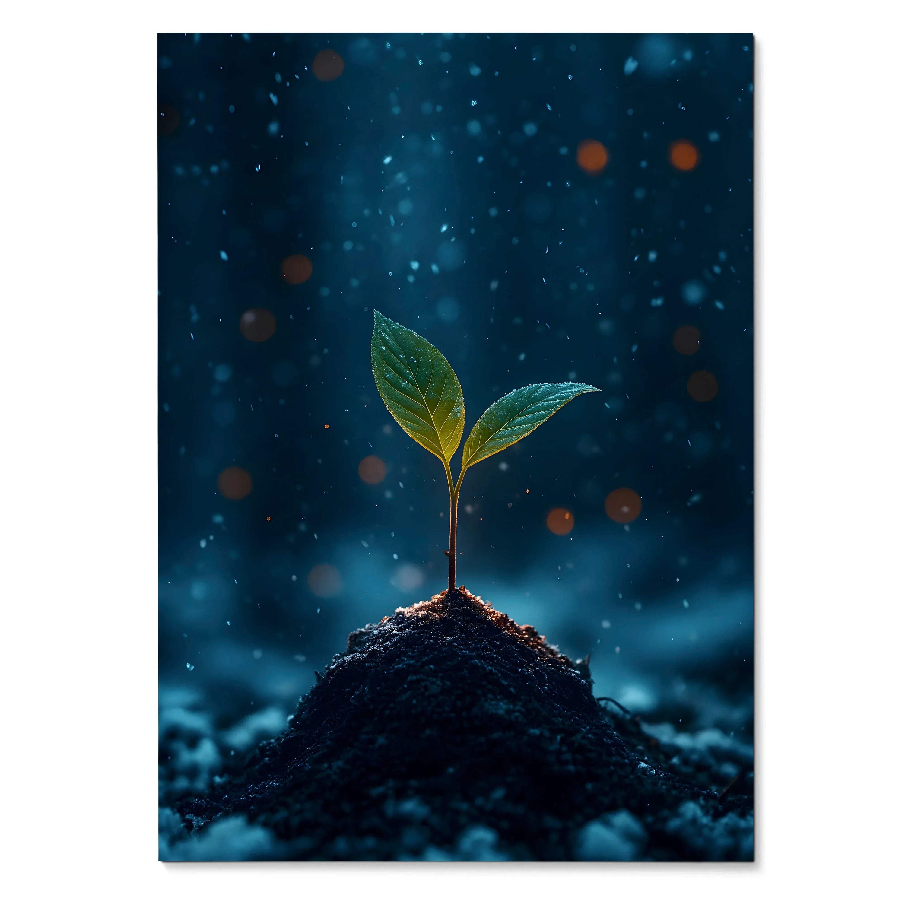 Vertical poster wall art featuring a young green plant sprouting from dark soil with water droplets on a deep blue background.