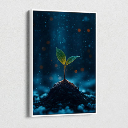 Canvas wall art featuring a small green seedling sprouting from dark soil against a deep blue background.