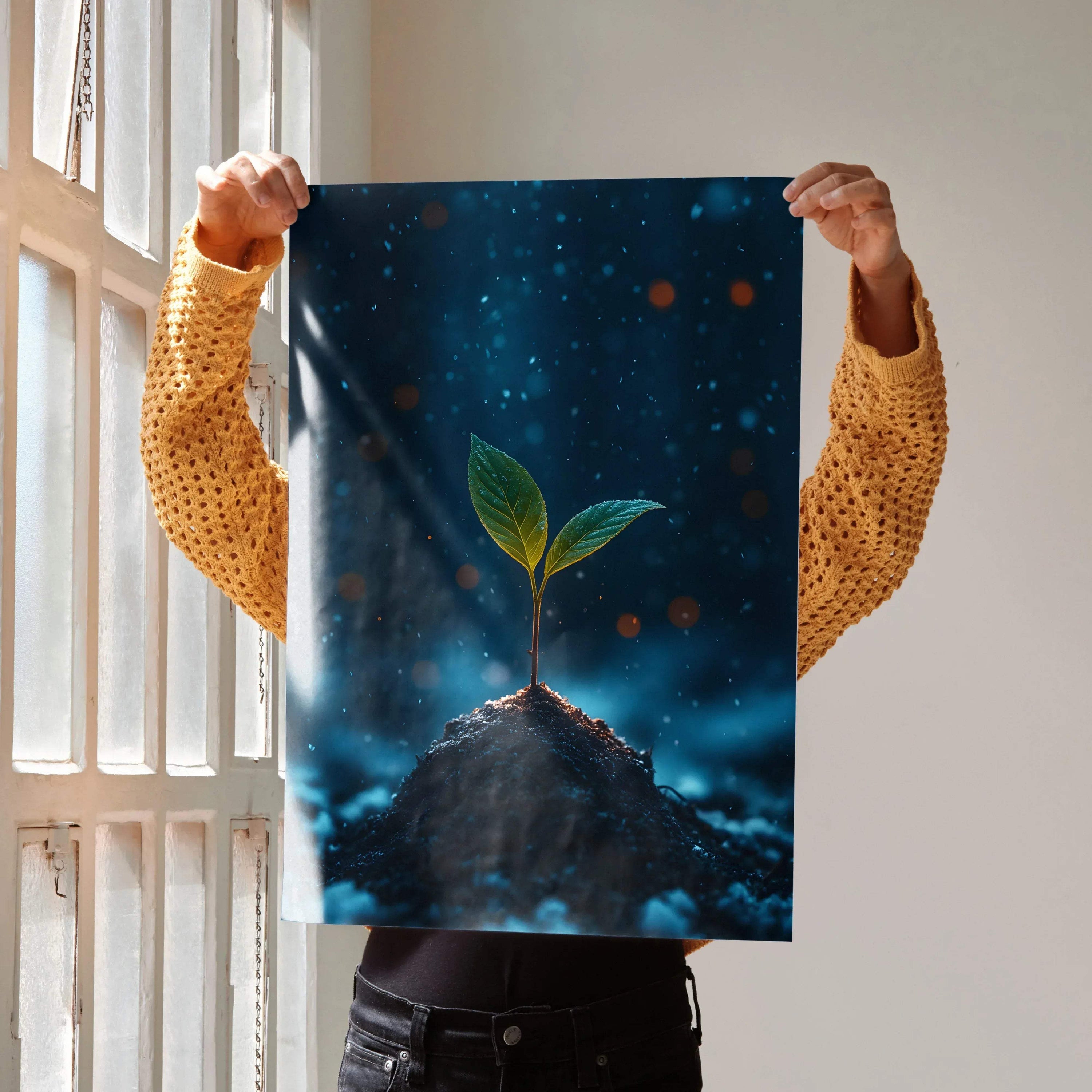 Vertical digital art poster featuring a young plant sprouting from soil against a starry blue background wall art.