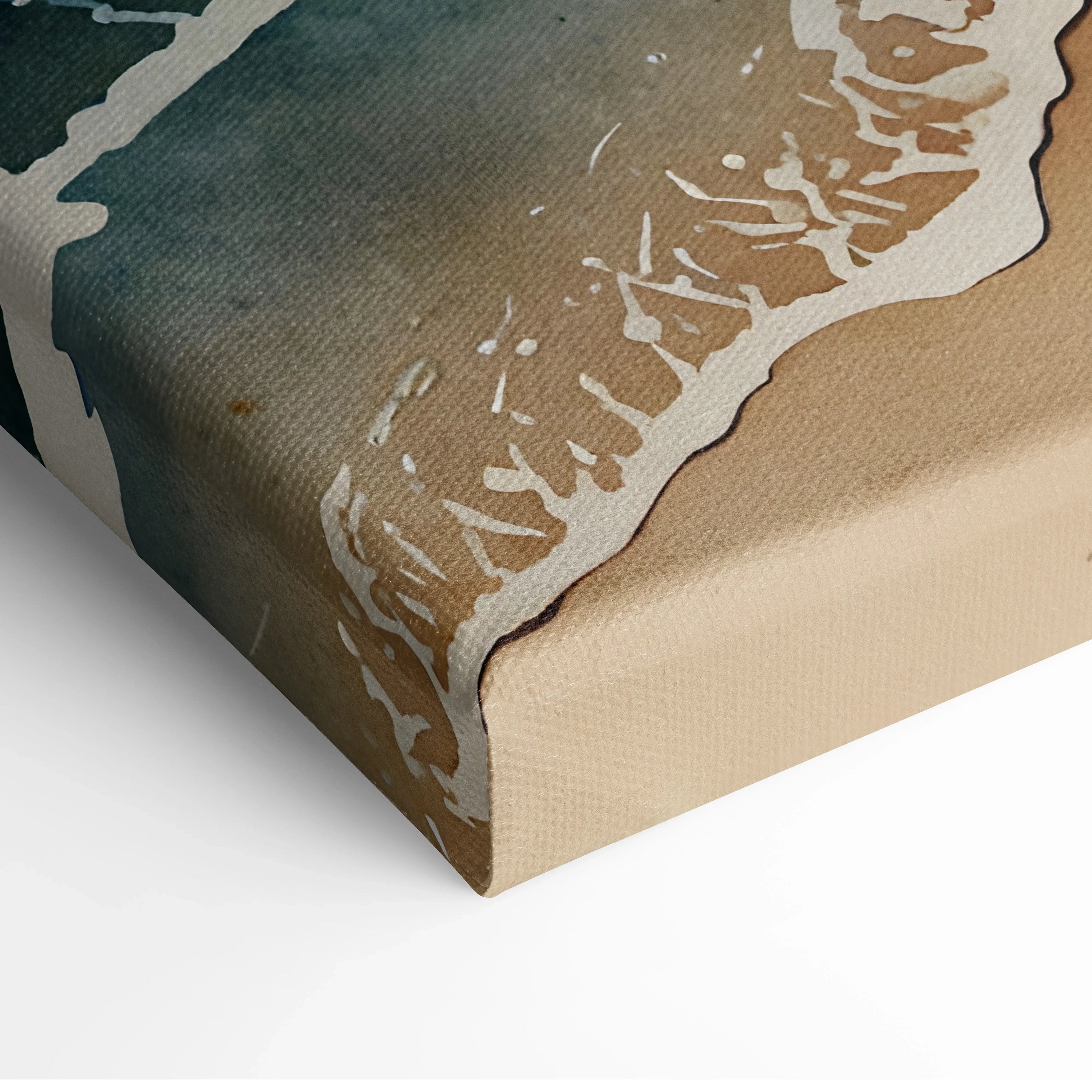 Serene watercolor beach scene on textured canvas wall art with soft blue and beige tones.