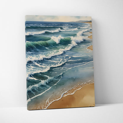 Vertical canvas wall art featuring serene watercolor beach waves crashing onto sandy shore.