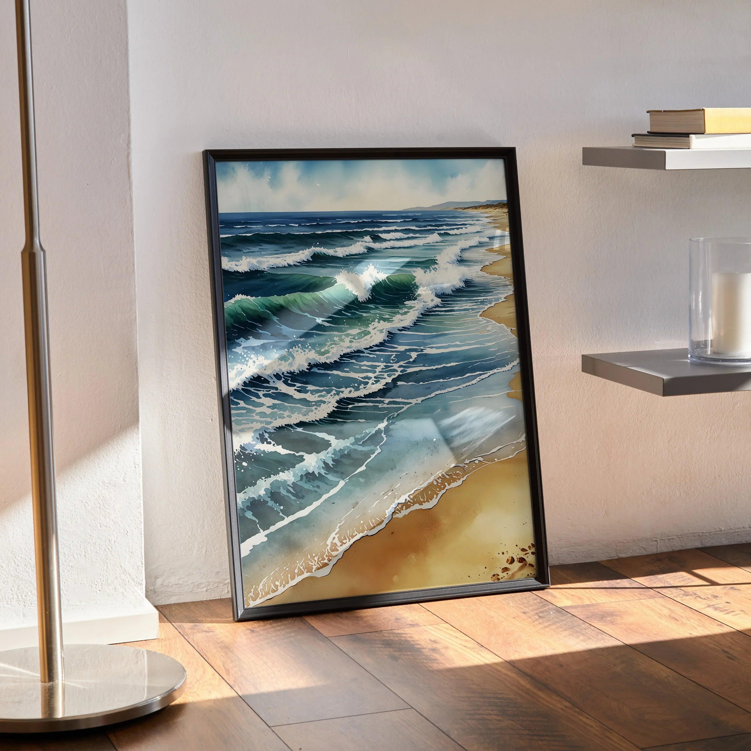 Watercolor style ocean beach poster with waves and sandy shore vertical wall art.