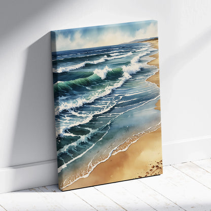 Vertical canvas wall art featuring serene watercolor beach scene with waves and sandy shore.