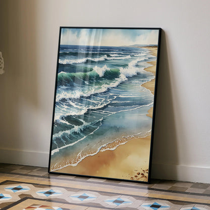 Watercolor style ocean beach poster with waves crashing on sandy shore vertical wall art.