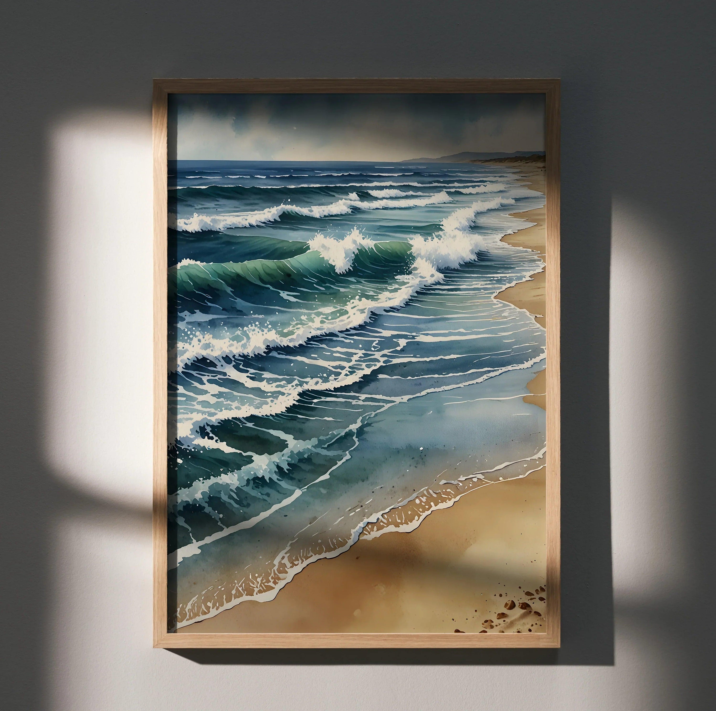 Watercolor style ocean beach poster with waves and sandy shore vertical wall art.