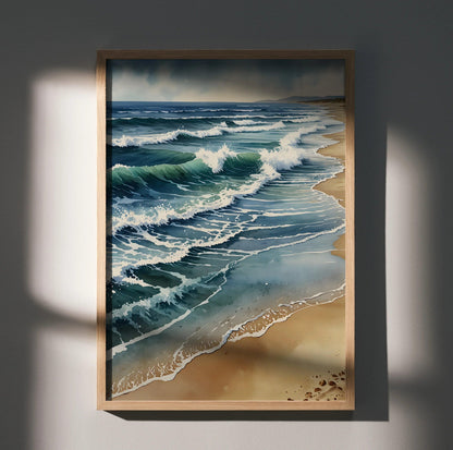 Watercolor style ocean beach poster with waves and sandy shore vertical wall art.
