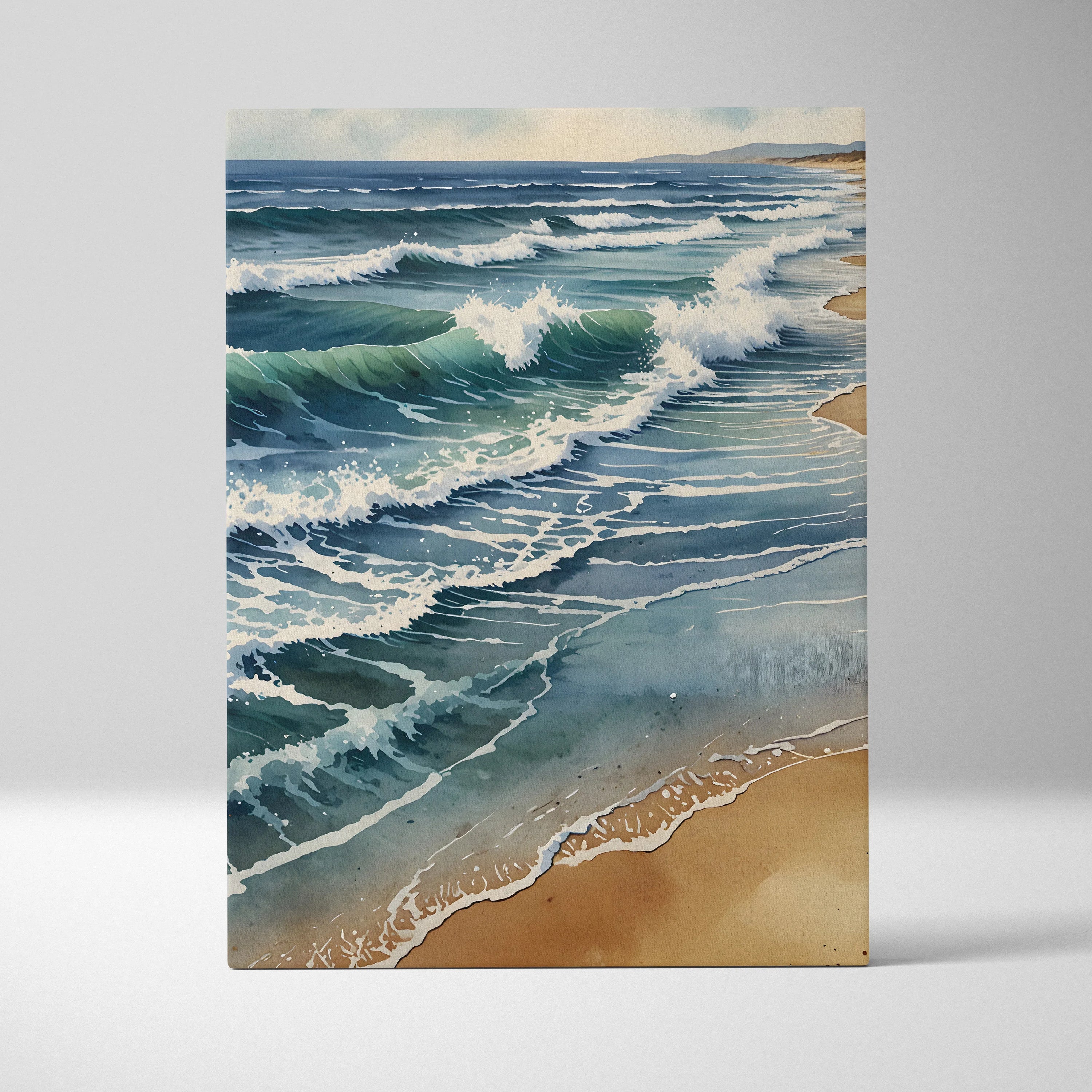 Vertical watercolor canvas wall art of ocean waves rolling onto sandy beach with soft clouds.