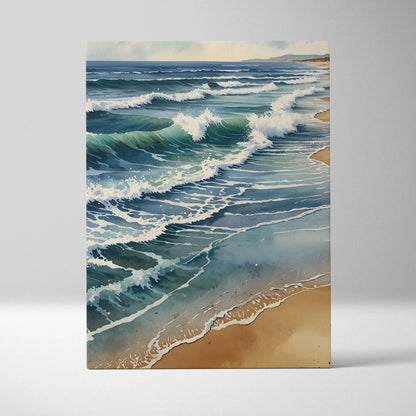 Vertical watercolor canvas wall art of ocean waves rolling onto sandy beach with soft clouds.