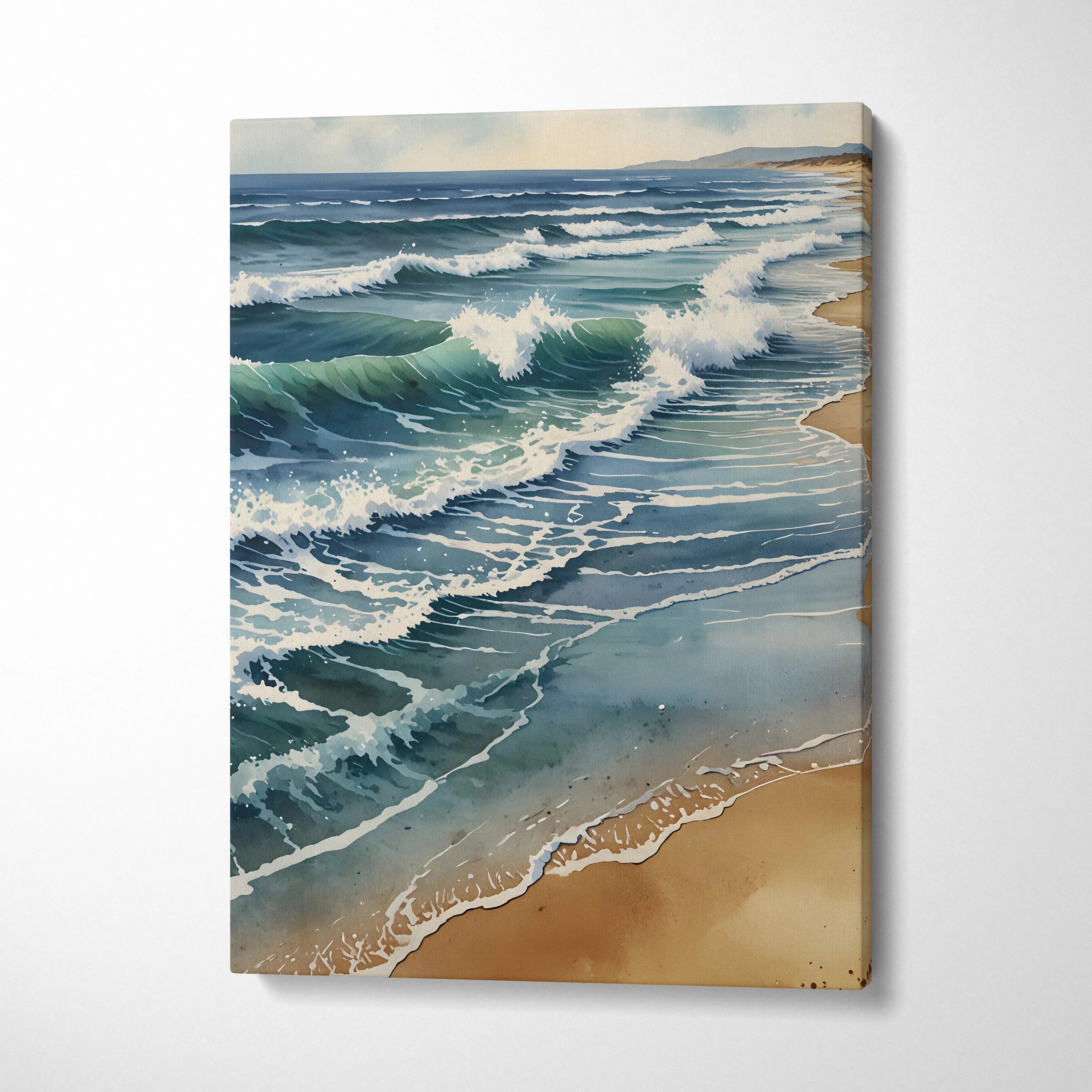 Watercolor beach scene canvas wall art with rolling waves and sandy shore in soft blues and tans.