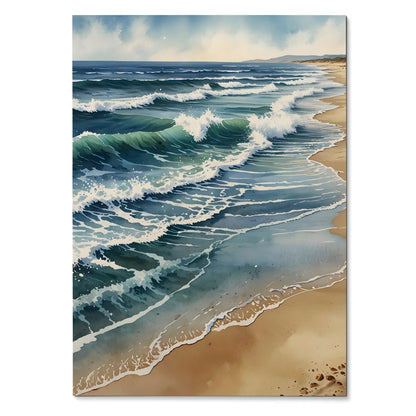 Vertical watercolor style ocean beach poster with waves crashing on sandy shore wall art.