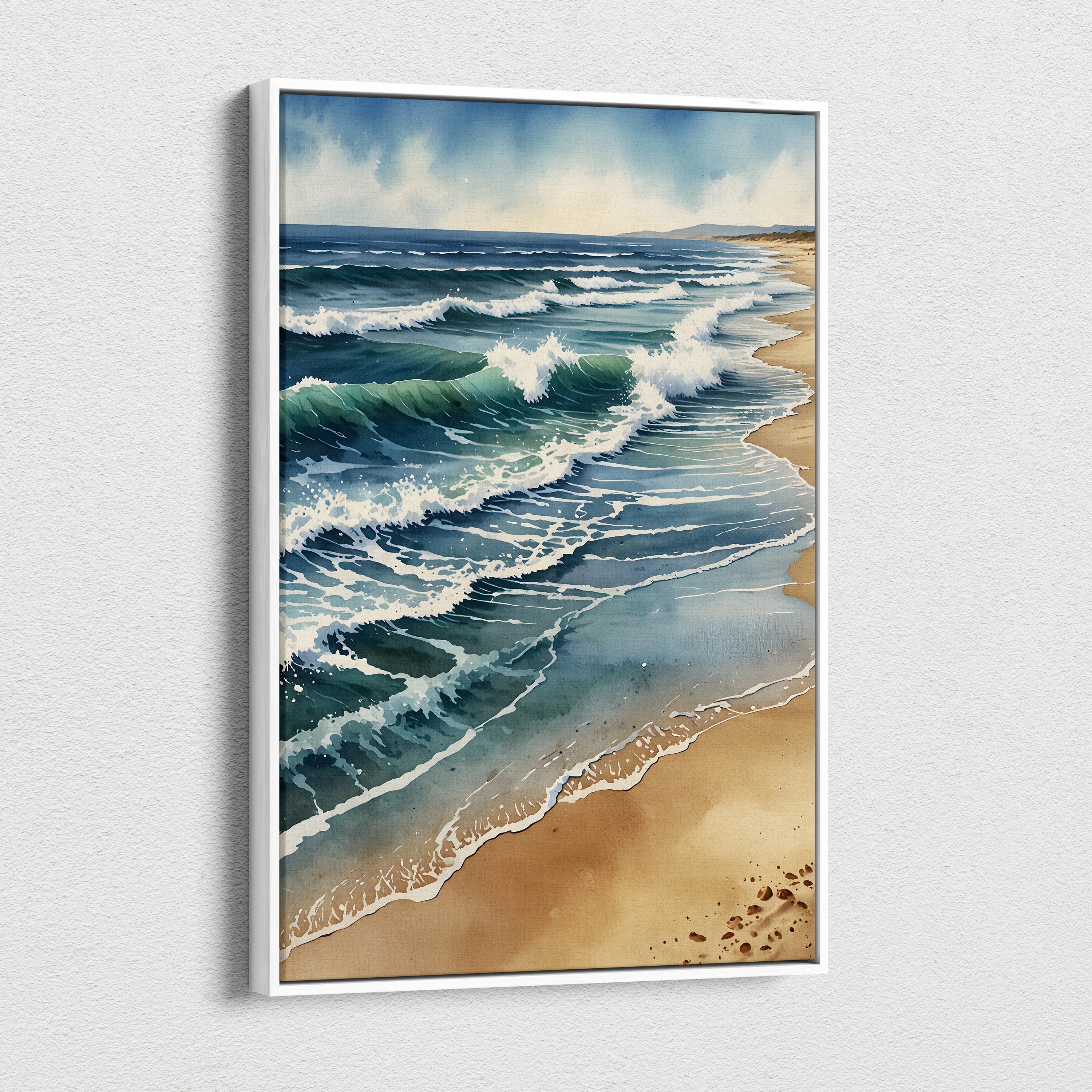 Vertical watercolor beach scene canvas wall art with waves and sandy shore.