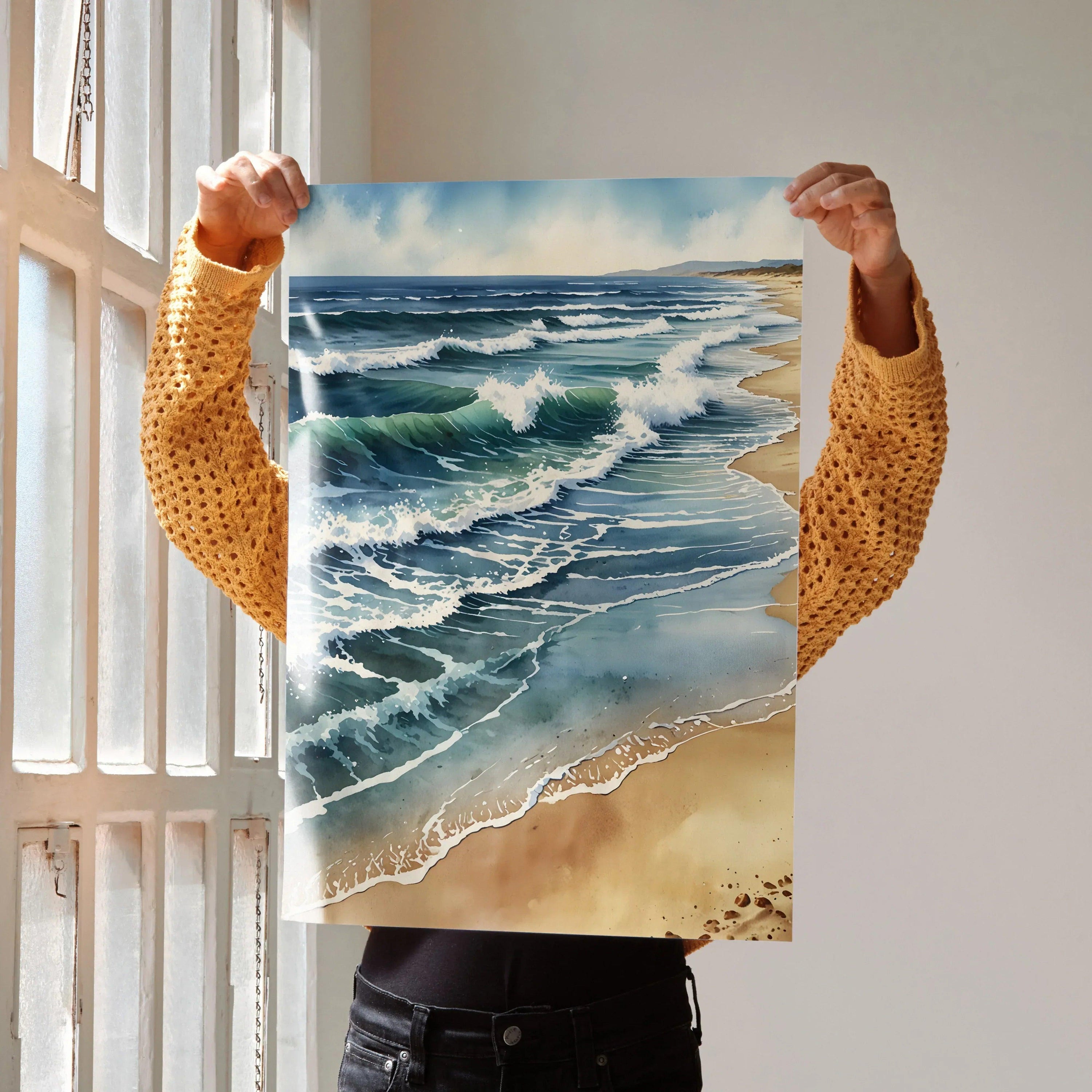 Watercolor style ocean beach nature art poster with crashing waves and sandy shore vertical wall art.