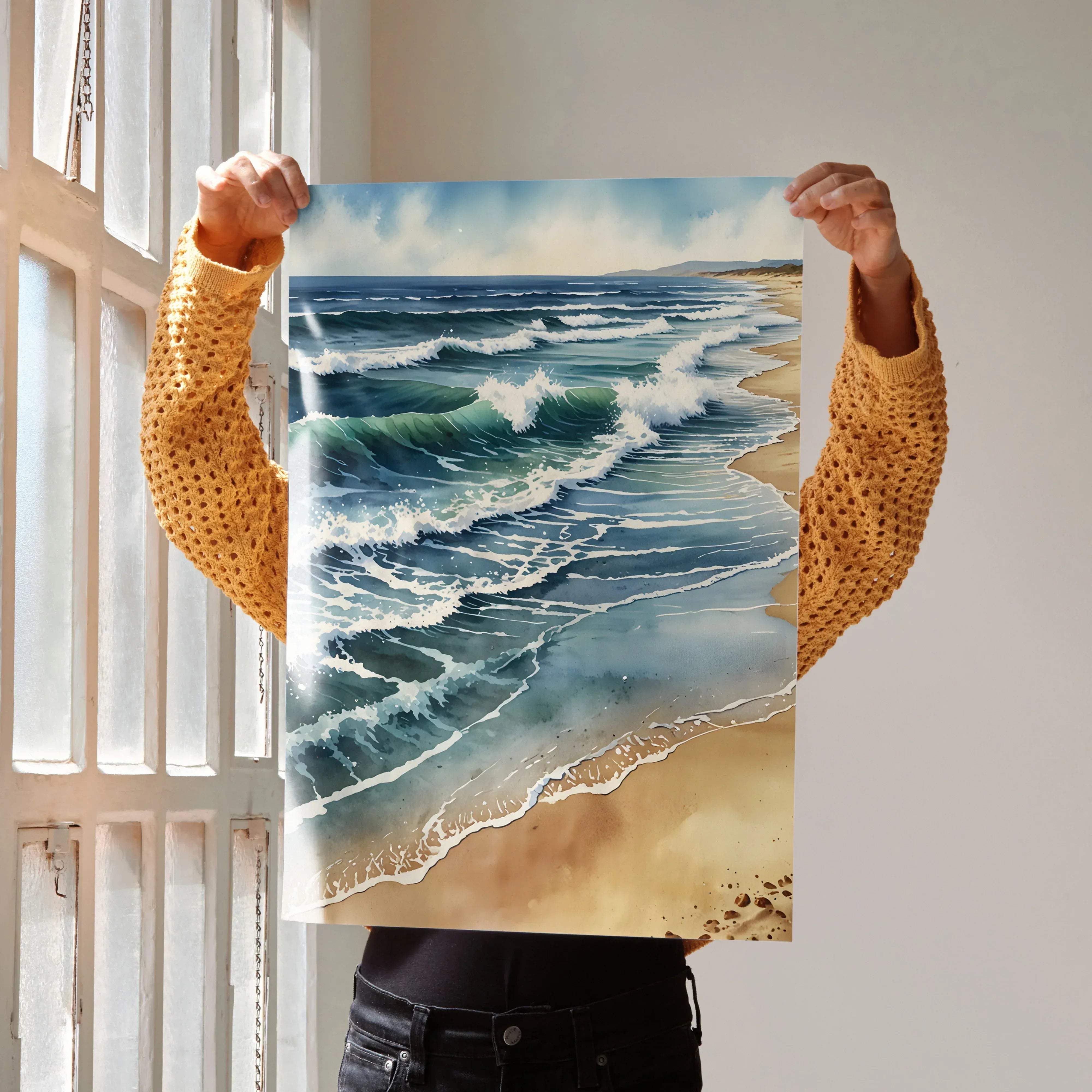 Watercolor style ocean beach nature art poster featuring rectangular print of blue and beige waves crashing on sand