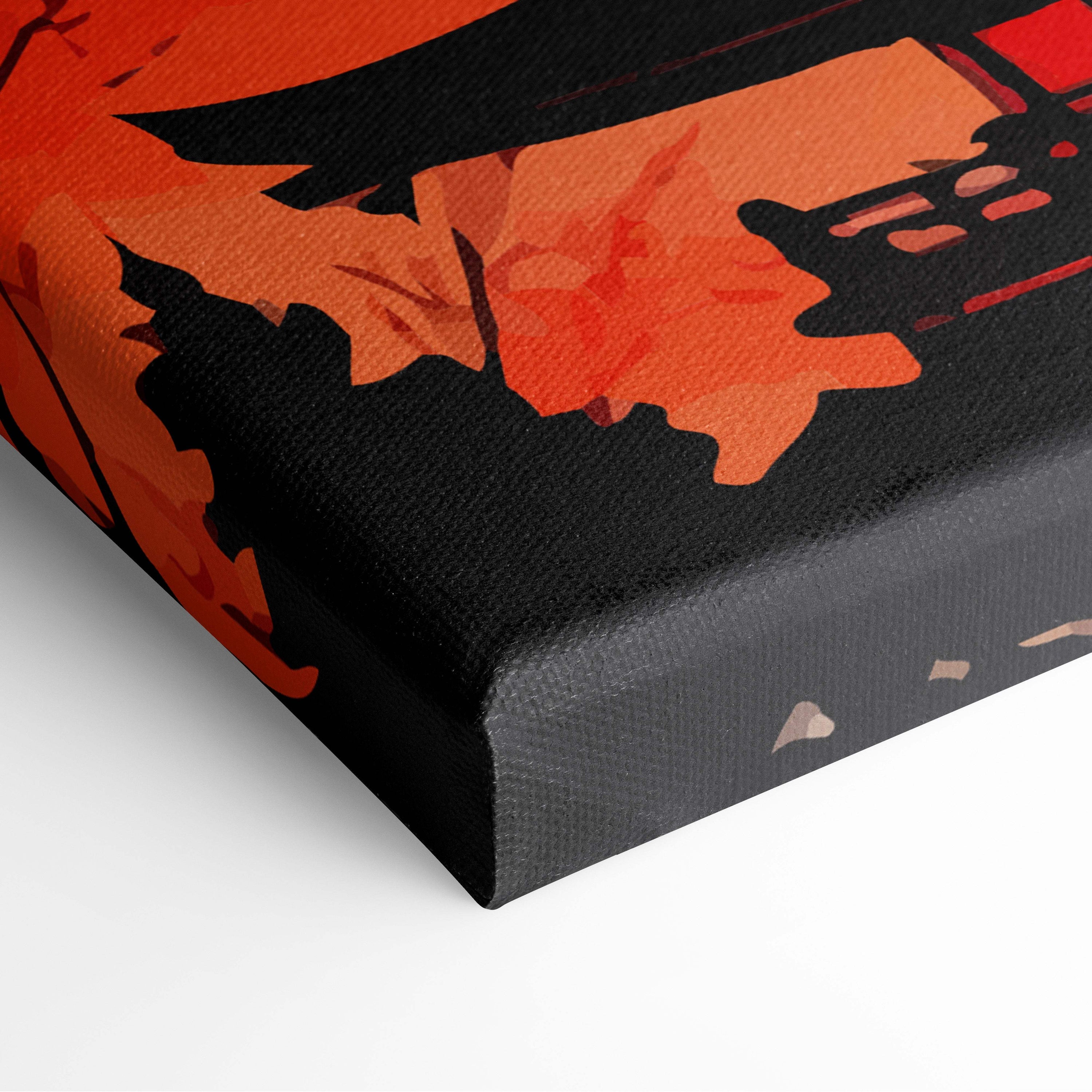 Black canvas print of mount fuji pagoda with bold orange and red abstract shapes in japanese painting style wall art