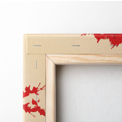 Beige canvas painting with red paint splatters framed in light wood mountain fuji pagoda wall art decor