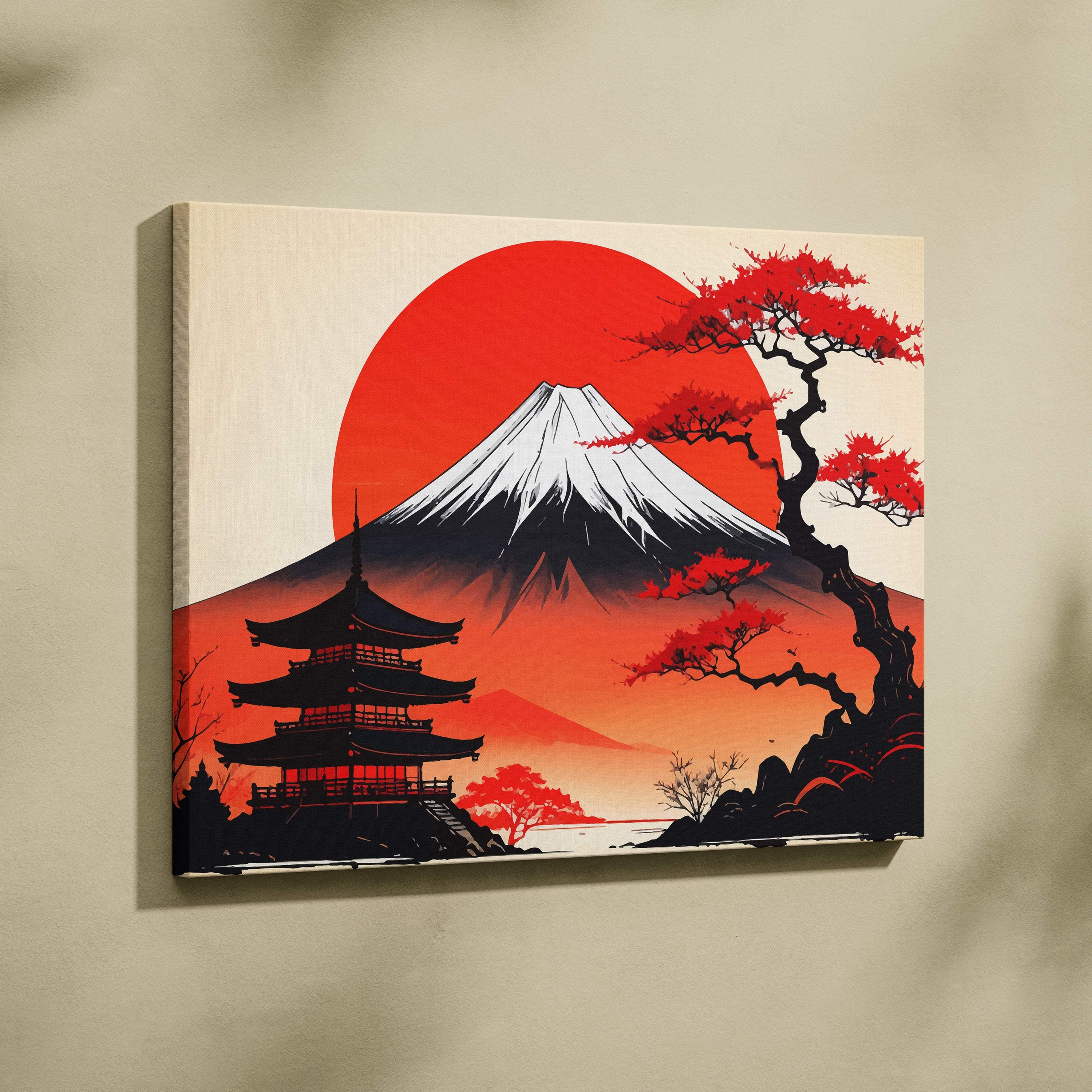 Mount fuji pagoda canvas wall art with vibrant red sun bold sunset and black japanese architecture silhouettes