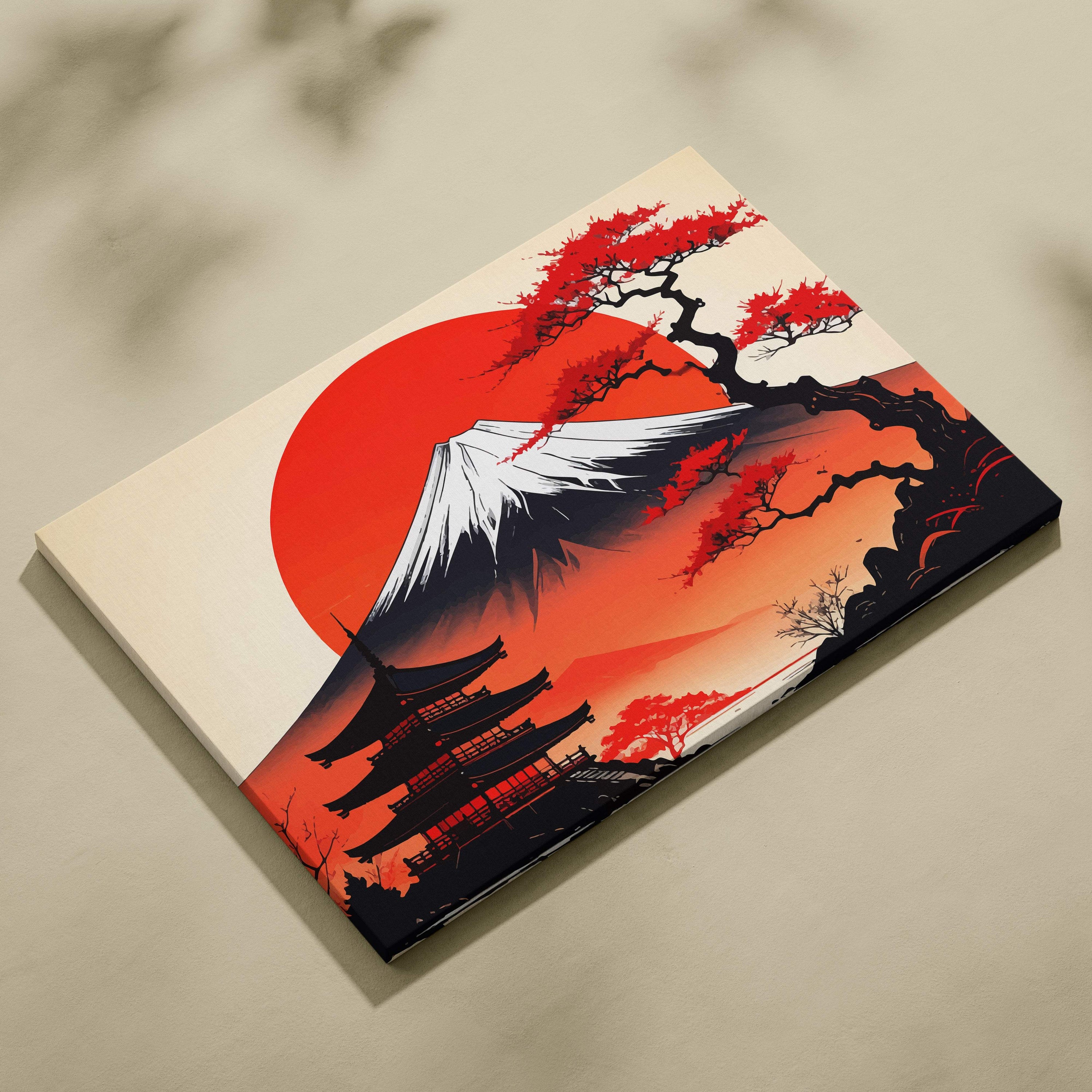 Rectangular mount fuji pagoda canvas wall art with red maple trees and vibrant orange sun in bold japanese painting style