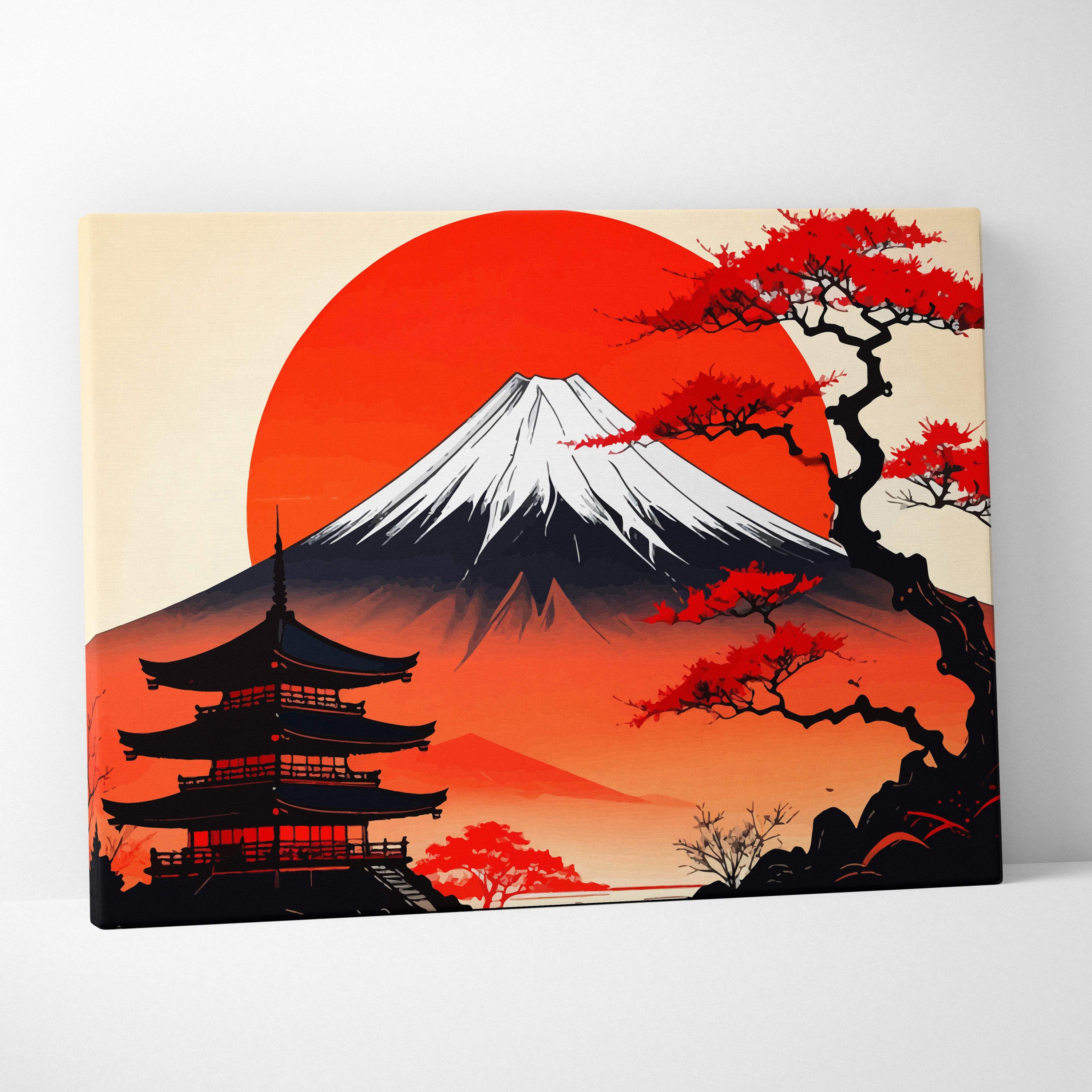 Mount fuji pagoda canvas wall art with vibrant red and white print featuring a bold orange sunset landscape