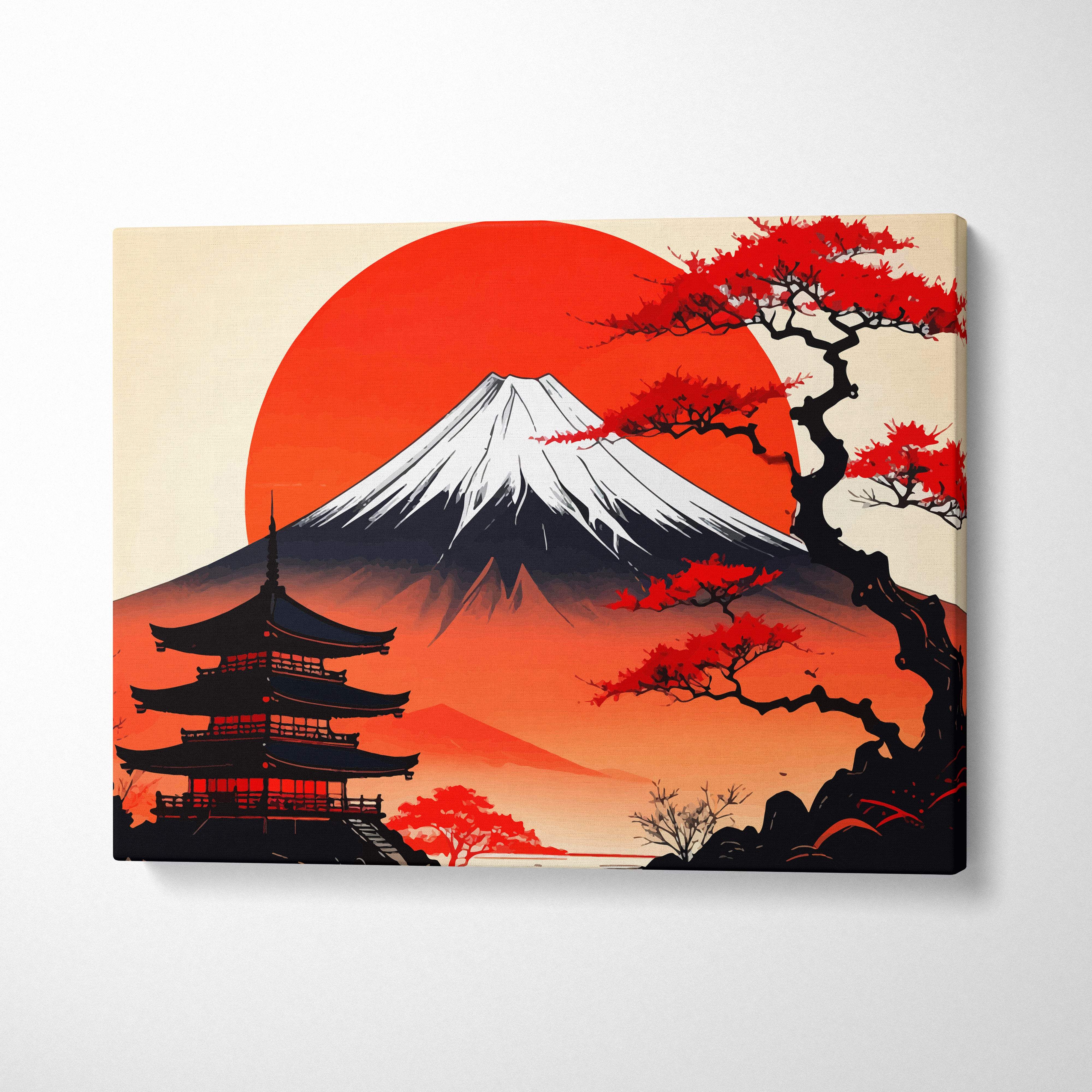 Mount fuji pagoda canvas wall art with vibrant red orange japanese painting of mount fuji sunset and cherry blossoms