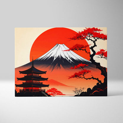 Mount fuji pagoda canvas wall art featuring a vibrant red orange japanese painting of mount fuji with pagoda silhouettes